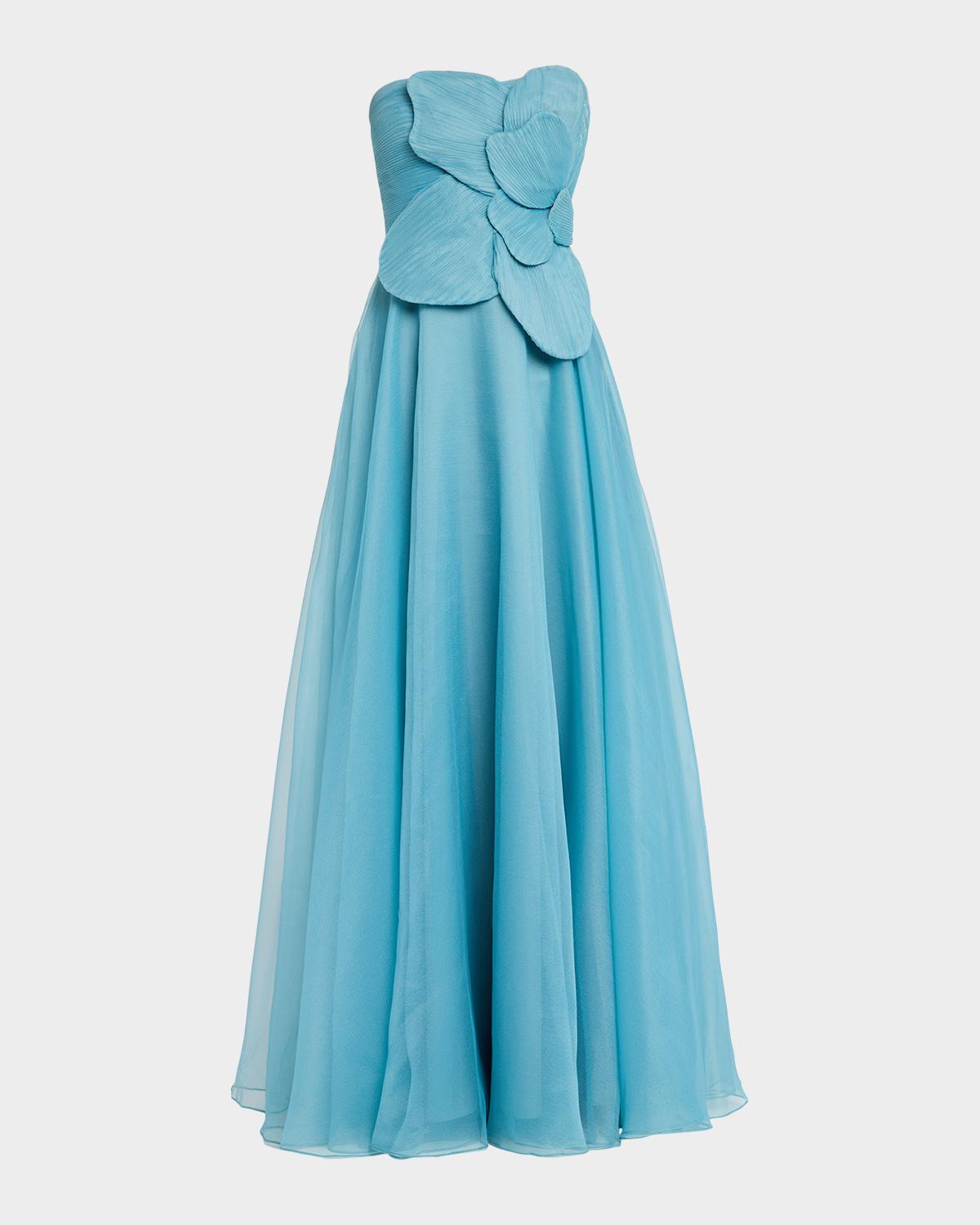 Theia Lyon Strapless Flower-Embellished Gown