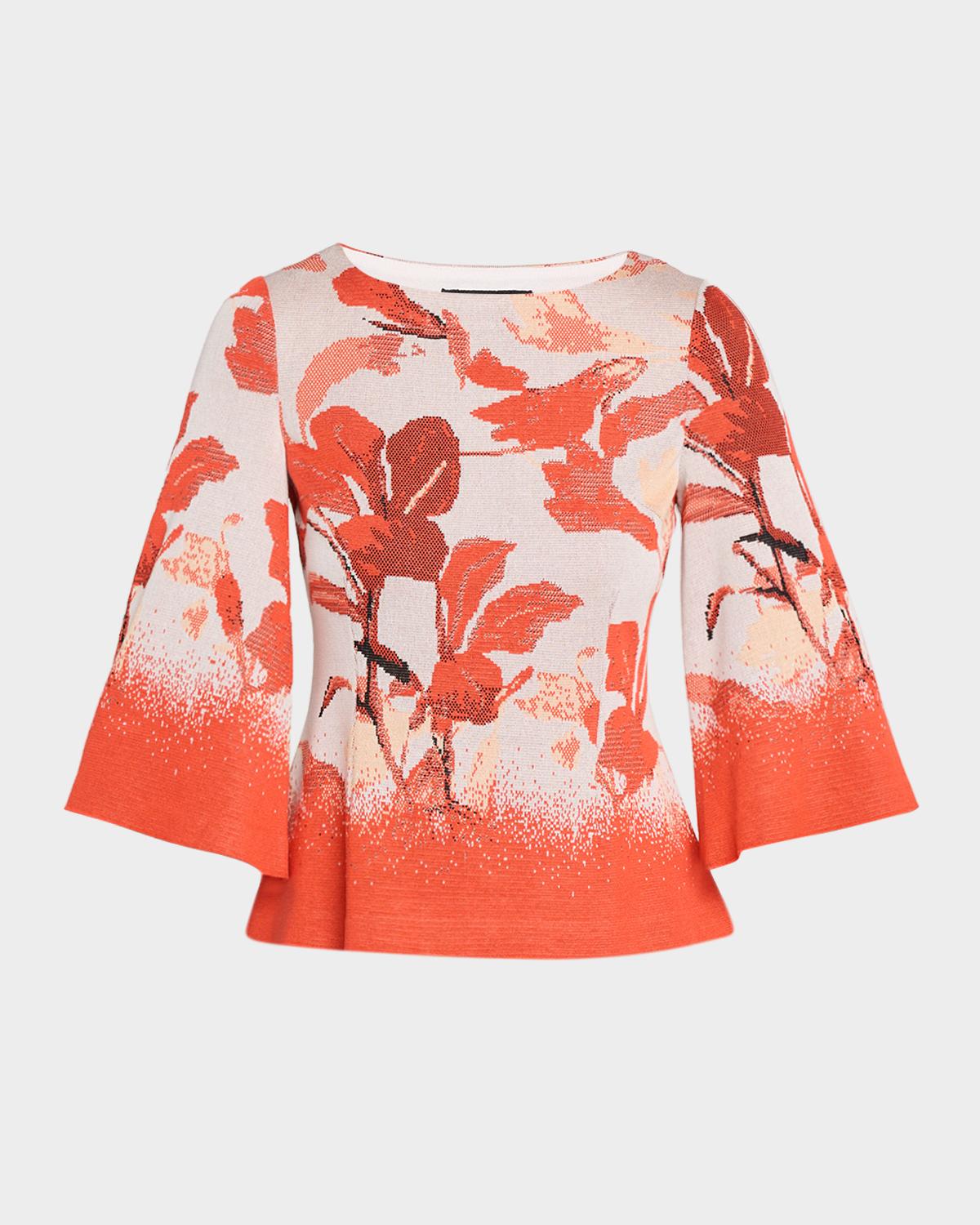 Misook Floral Jacquard Bell-Sleeve Top