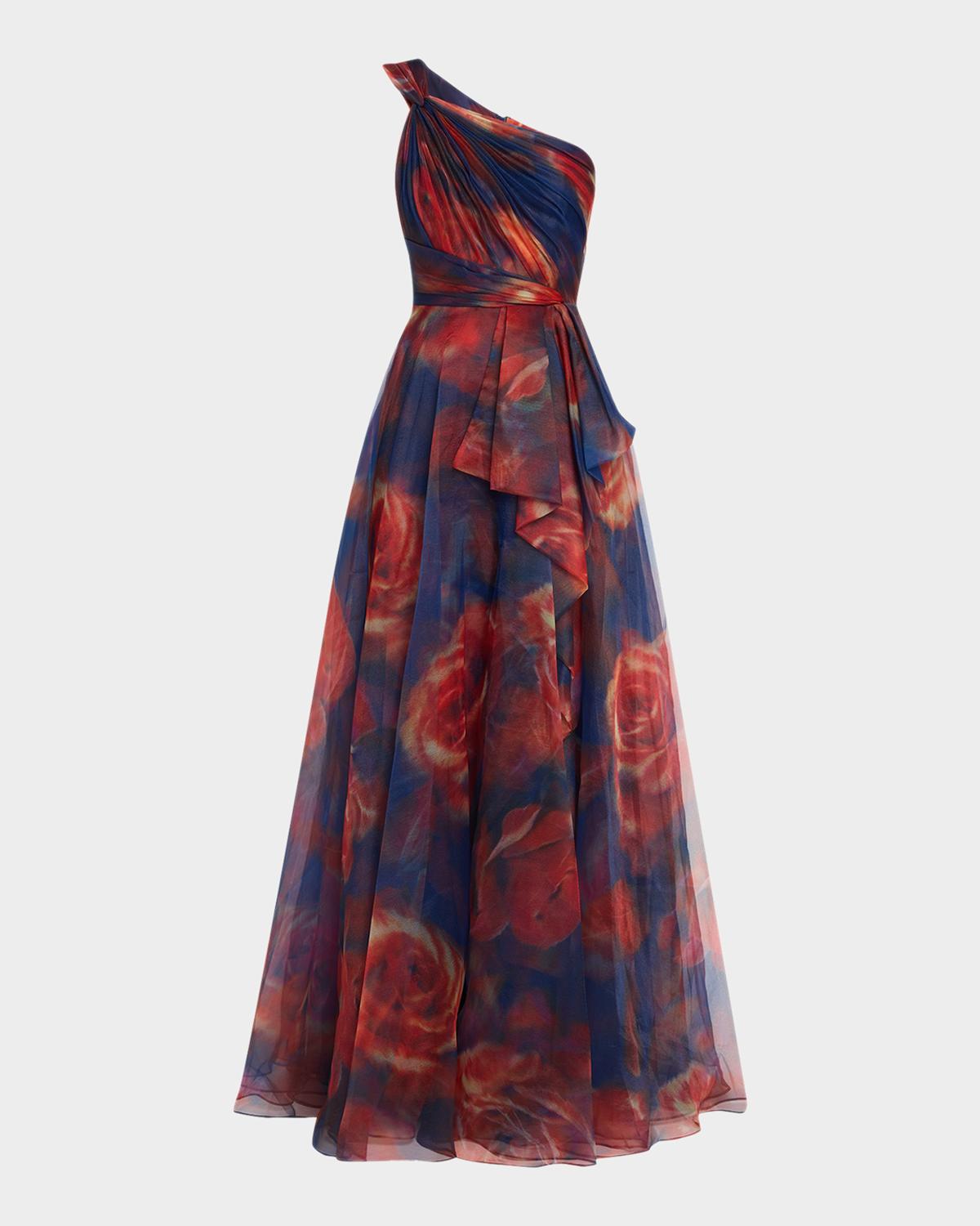 Theia Meadow One-Shoulder Floral Organza Gown