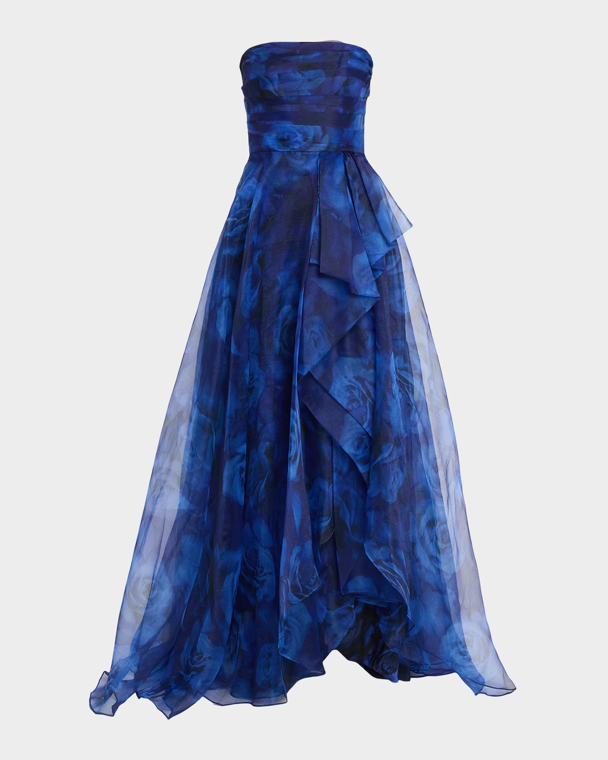 Theia Fahreta Strapless Fit & Flare Organza Gown In Blurred Ro