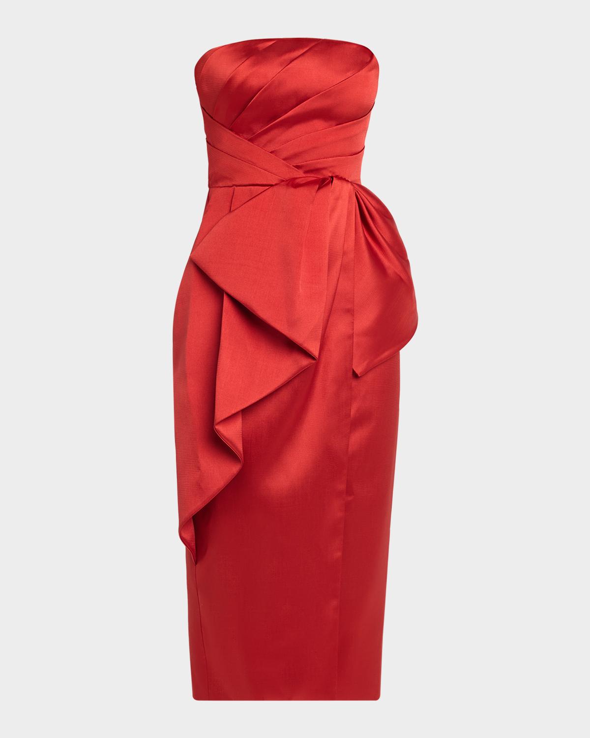Cynthia Rowley Dorothea Draped Strapless Midi Dress In Crimson Bl