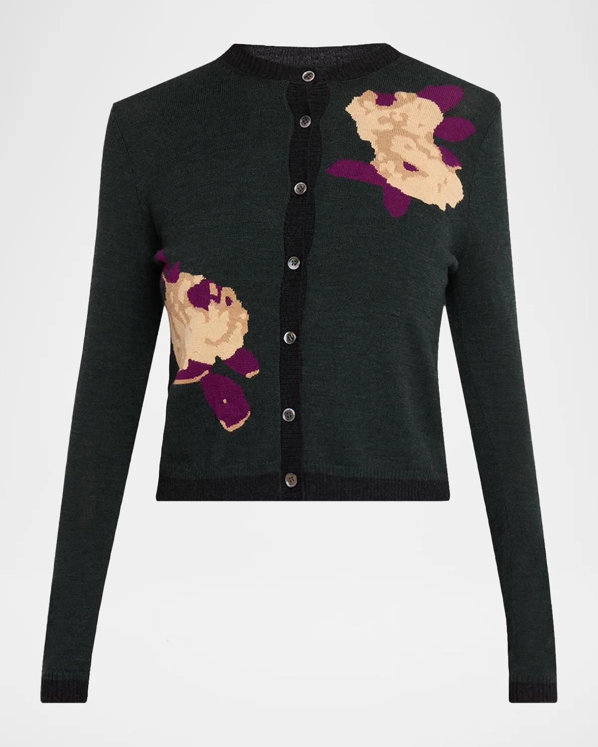 Rickie Freeman for Teri Jon Floral Intarsia Wool Knit Cardigan