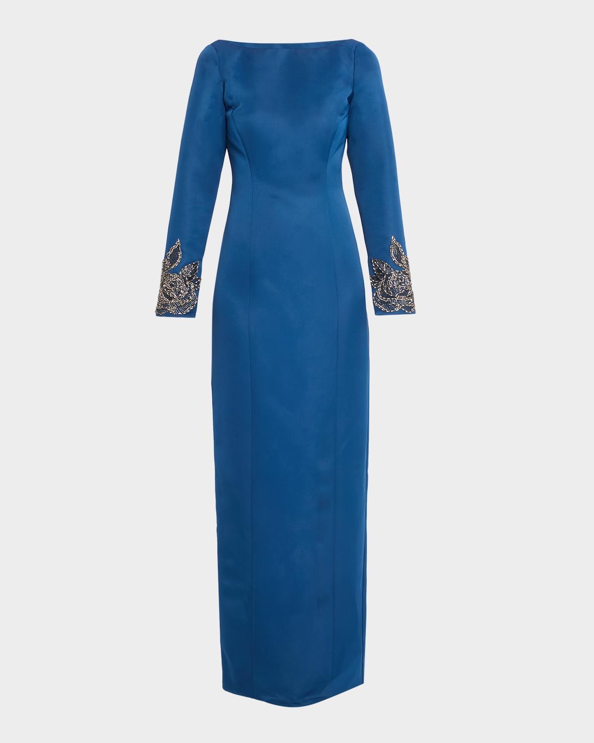 Theia Thea Embroidered Duchess Satin Column Gown