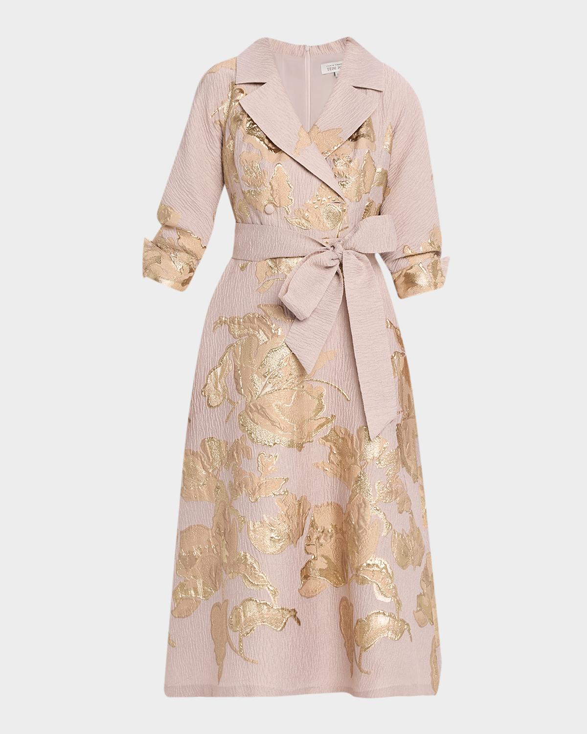 Rickie Freeman For Teri Jon Crinkled Metallic Jacquard Midi Shirtdress In Mauve Gold