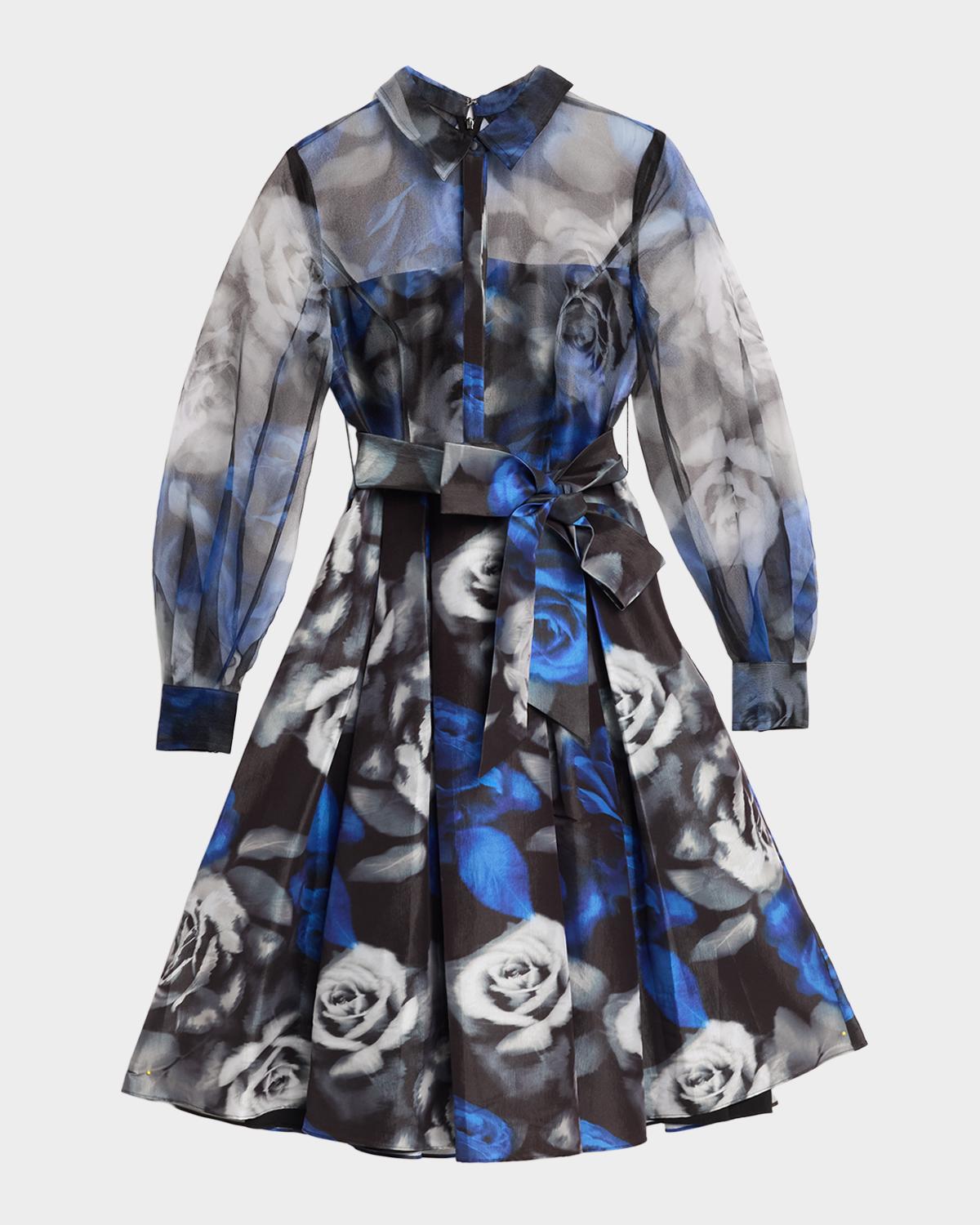 Theia Agatha Belted Floral Organza Midi Shirtdress