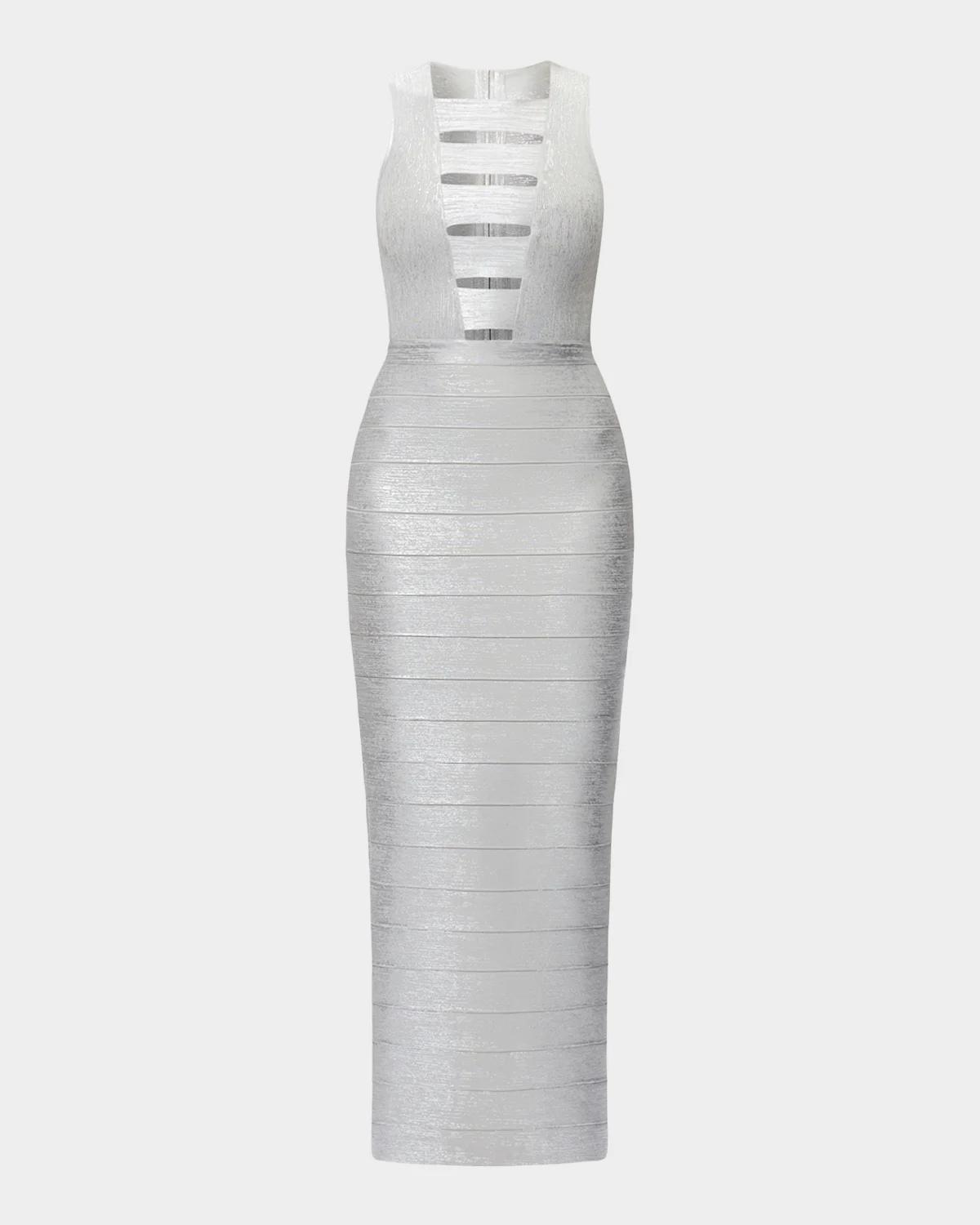 Herve Leger The Bailey Metallic Gown In Silver Foi