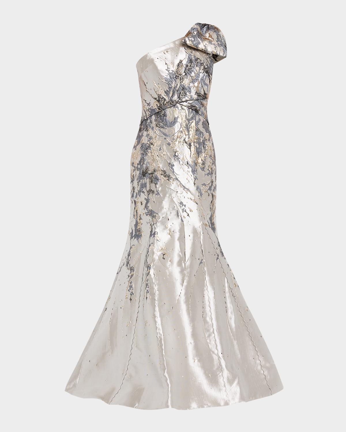 Rene Ruiz Collection One-Shoulder Bow Metallic Brocade Trumpet Gown