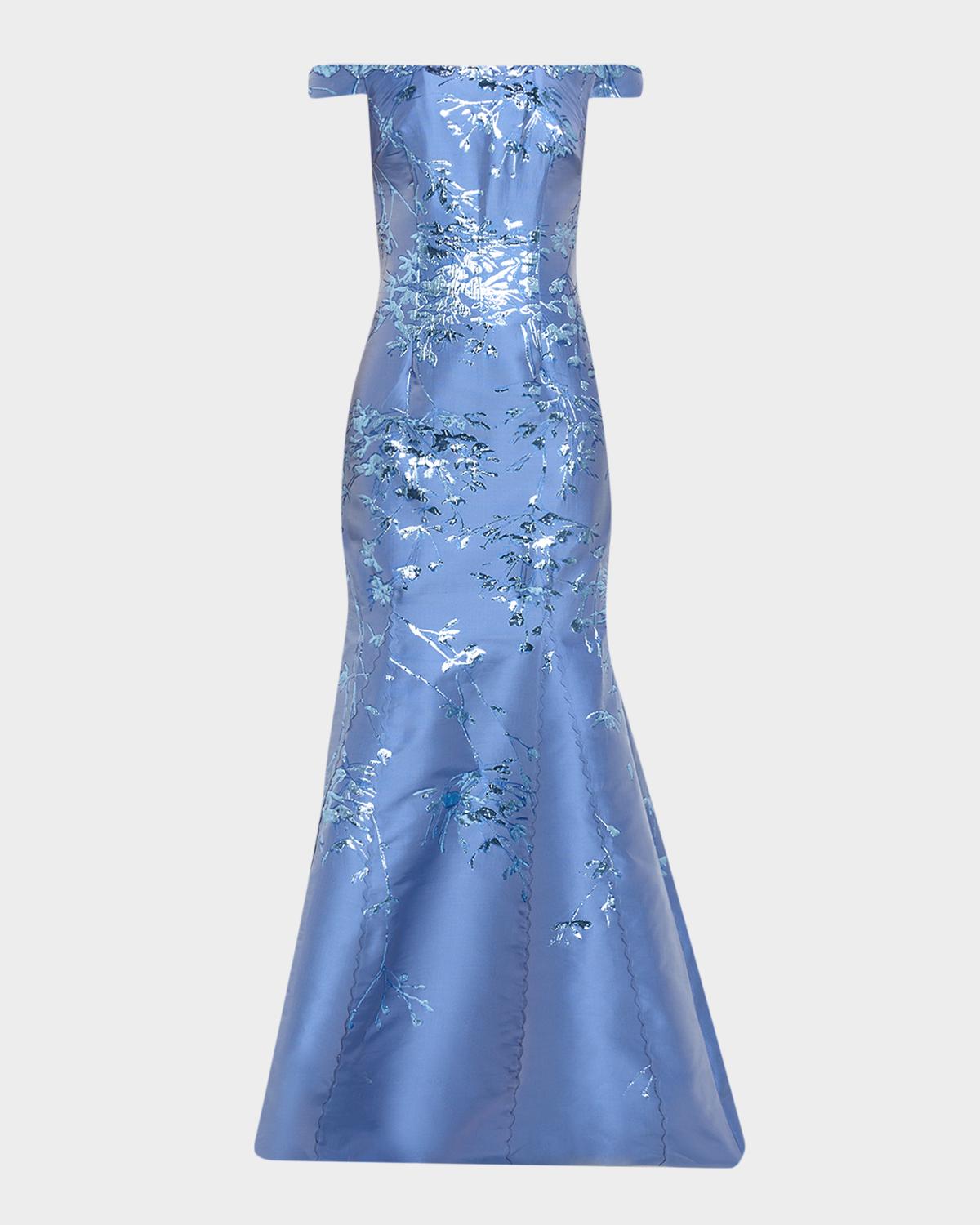 Rene Ruiz Collection Off-the-Shoulder Brocade Fit & Flare Gown