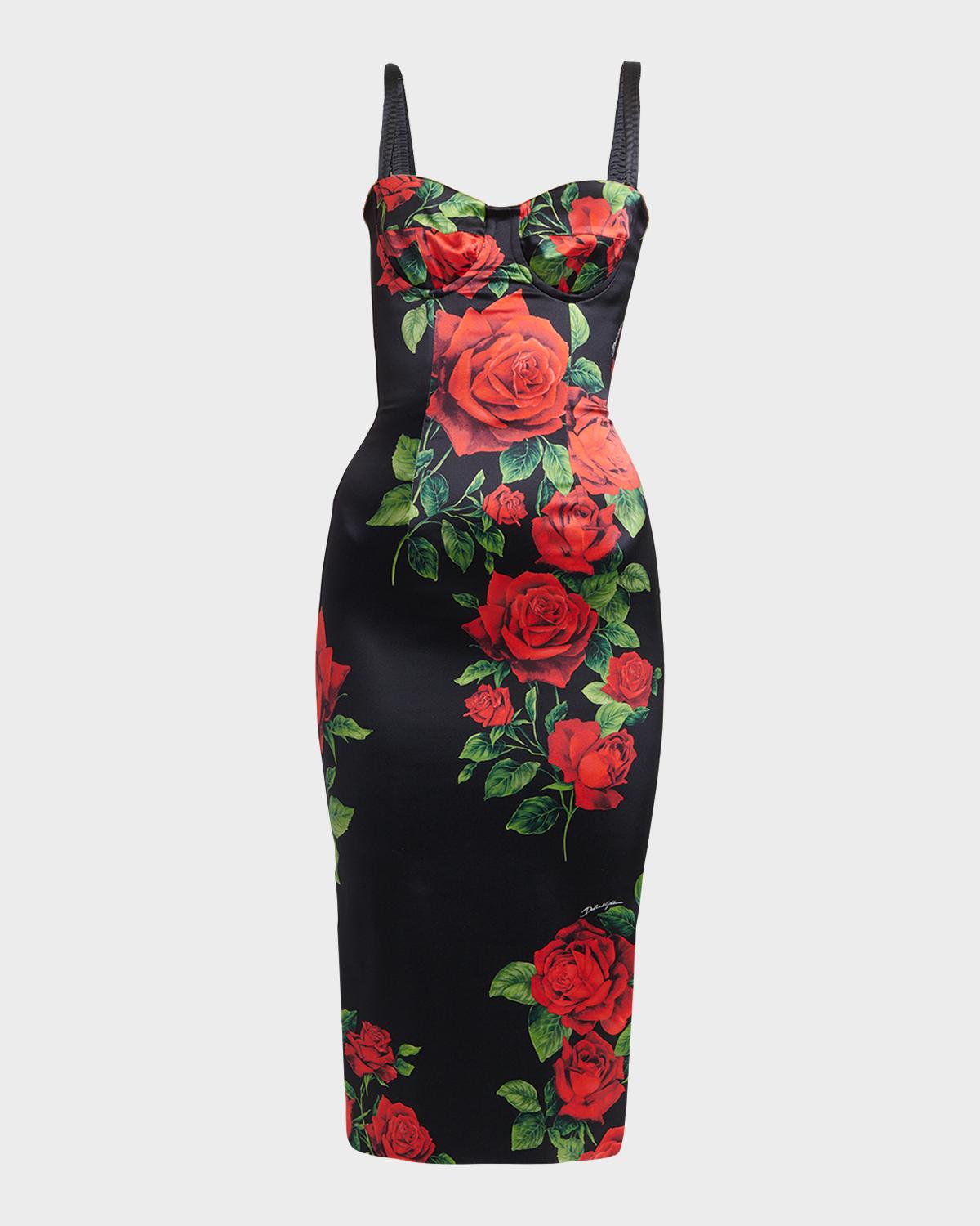 Dolce & Gabbana Sleeveless Rose Silk Midi Bustier Dress In Rose Rosse