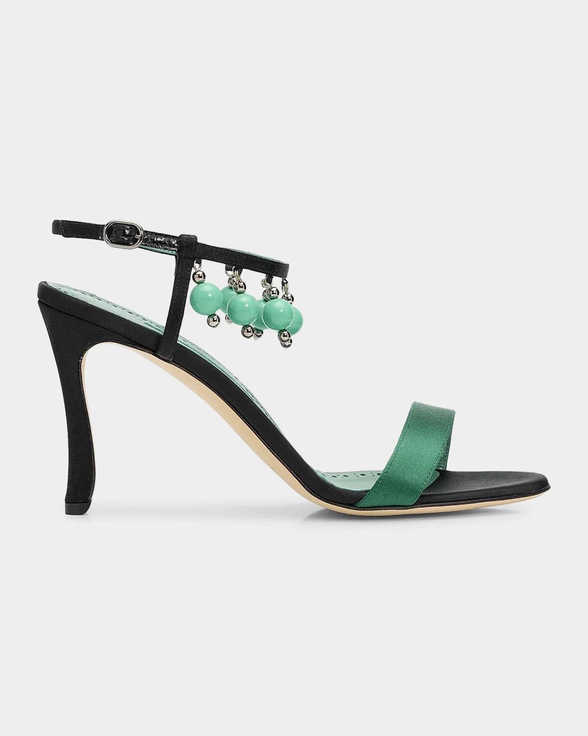 Manolo Blahnik 90mm Kasasan Beaded Satin Sandals