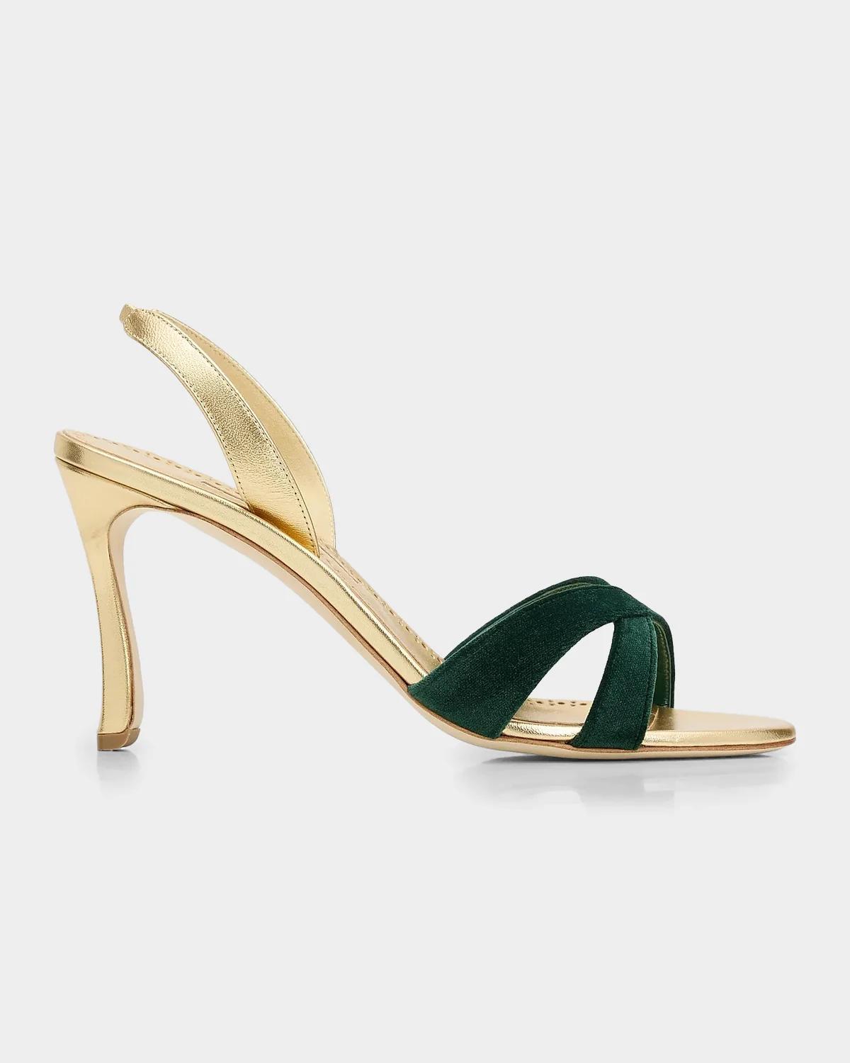 Manolo Blahnik Callydra 90MM Velvet-Trimmed Slingback Sandals