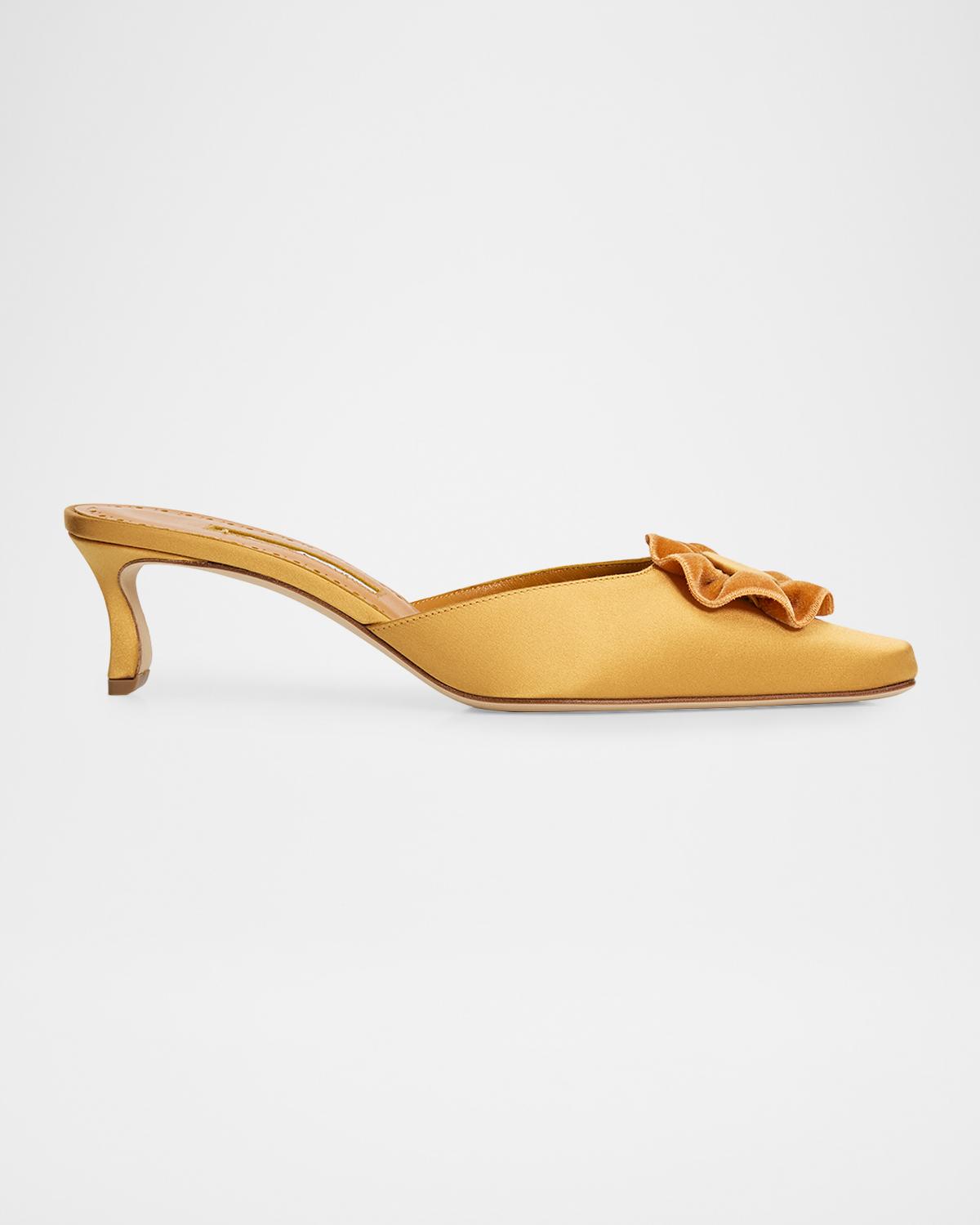 Manolo Blahnik 50mm Caulon Floral Applique Satin Mule Pumps
