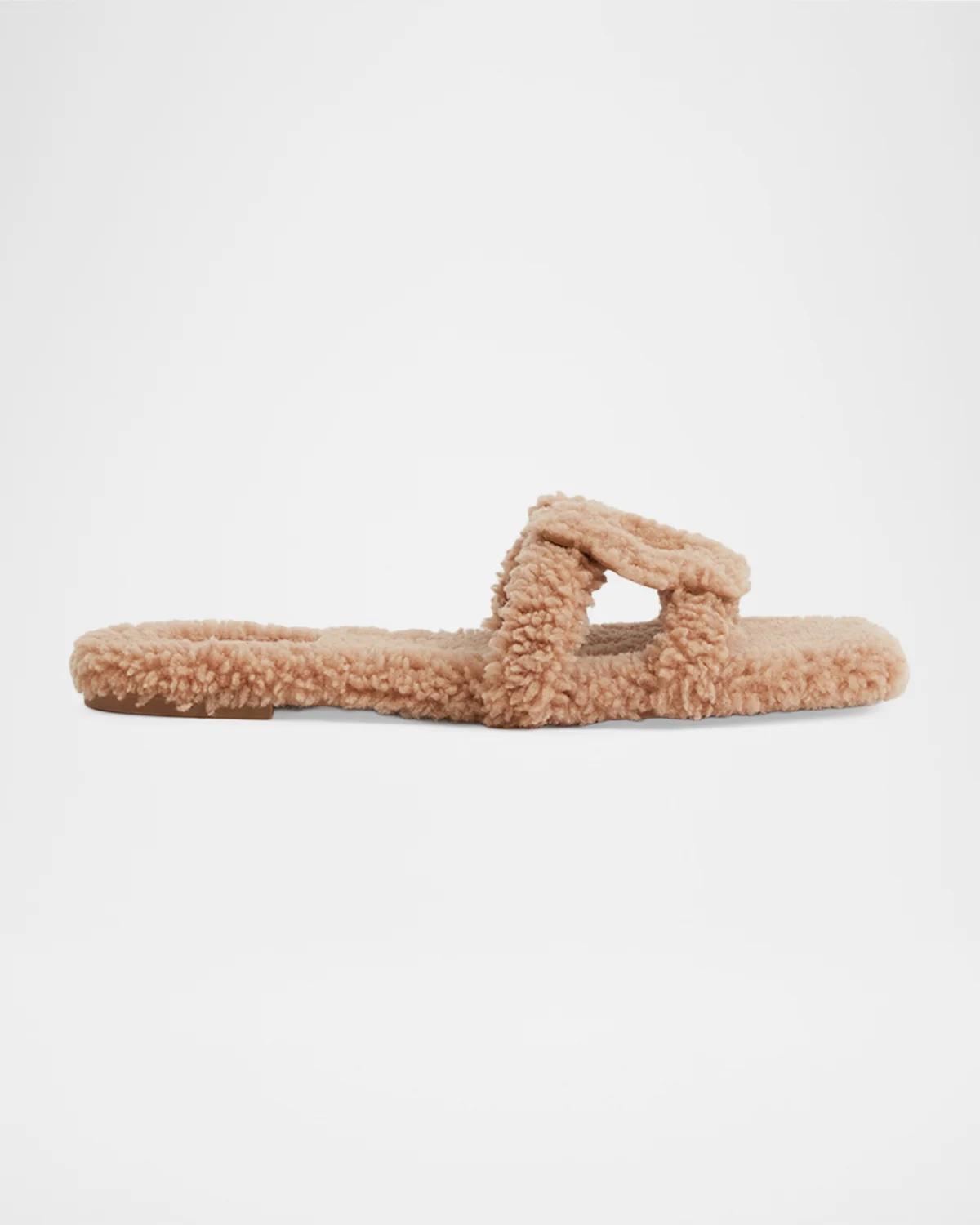 Simkhai Monogram Shearling Flat Slide Sandals In Light Came
