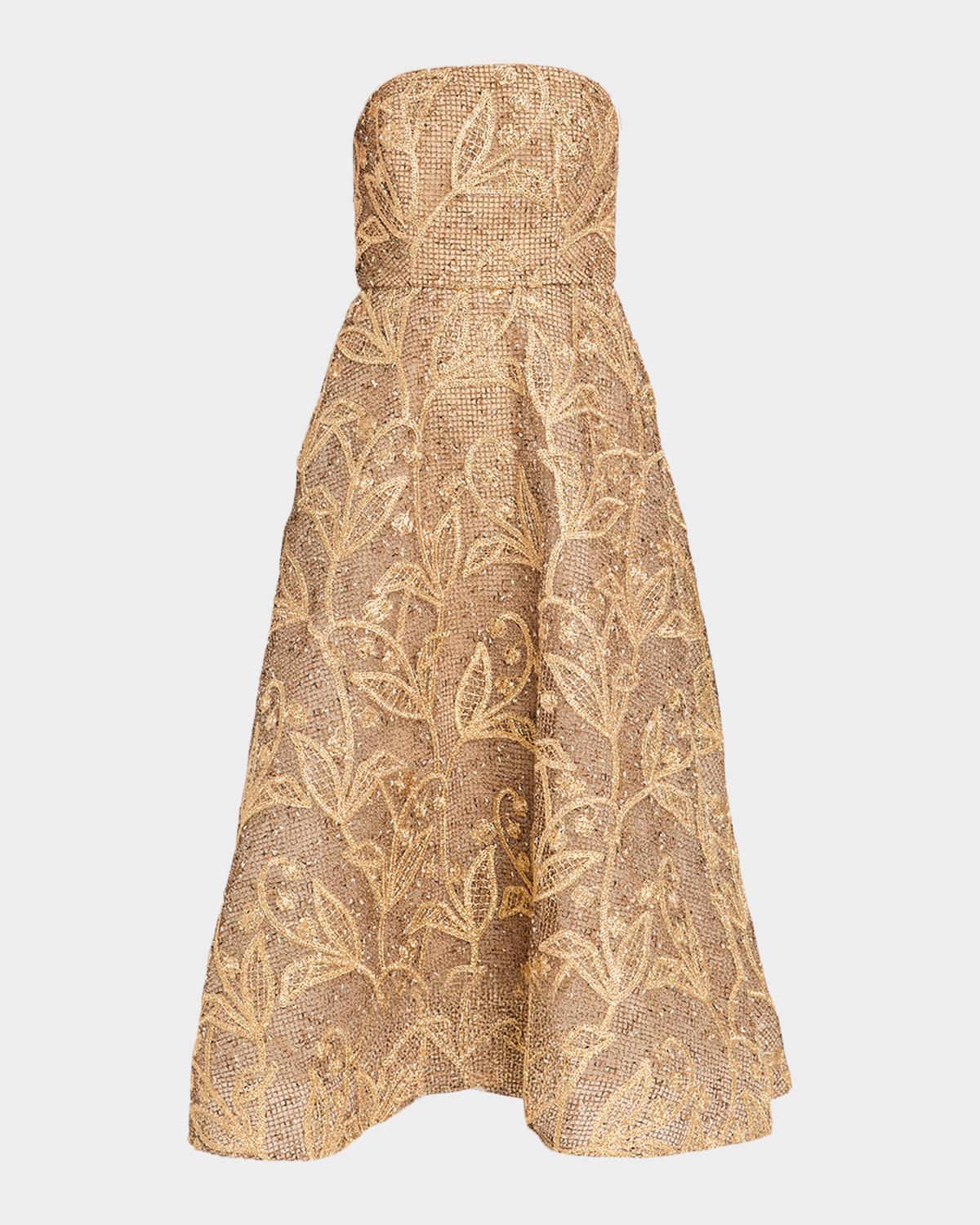 Milly Petunia Strapless Embroidered Metallic Midi Dress