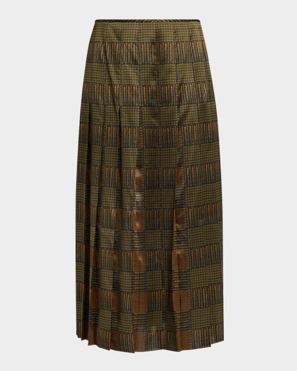 Lafayette 148 New York Pleated Glen Plaid-Print Silk Midi Skirt
