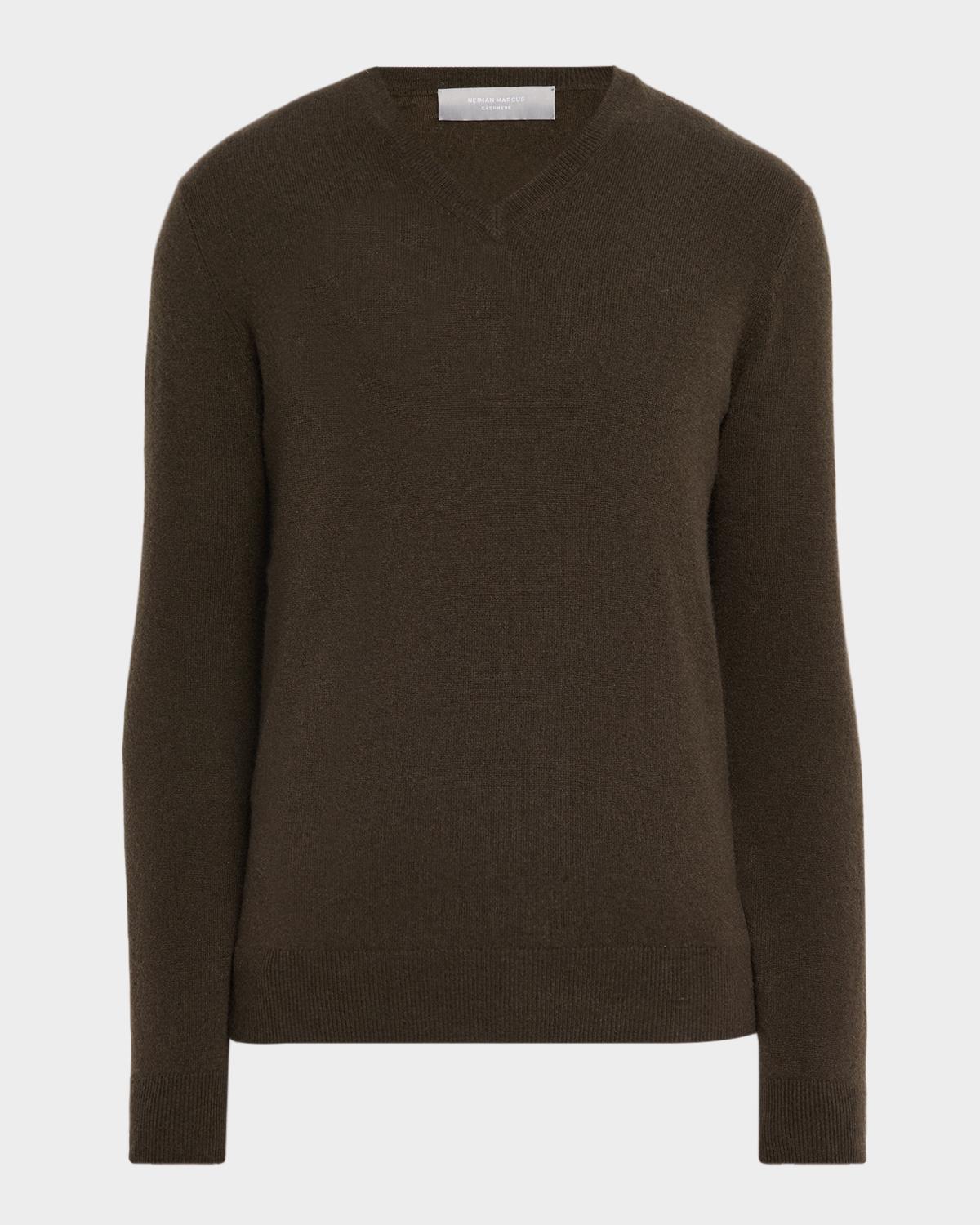 Neiman Marcus Men & Apos;s Cashmere V-neck Sweater In Chocolate