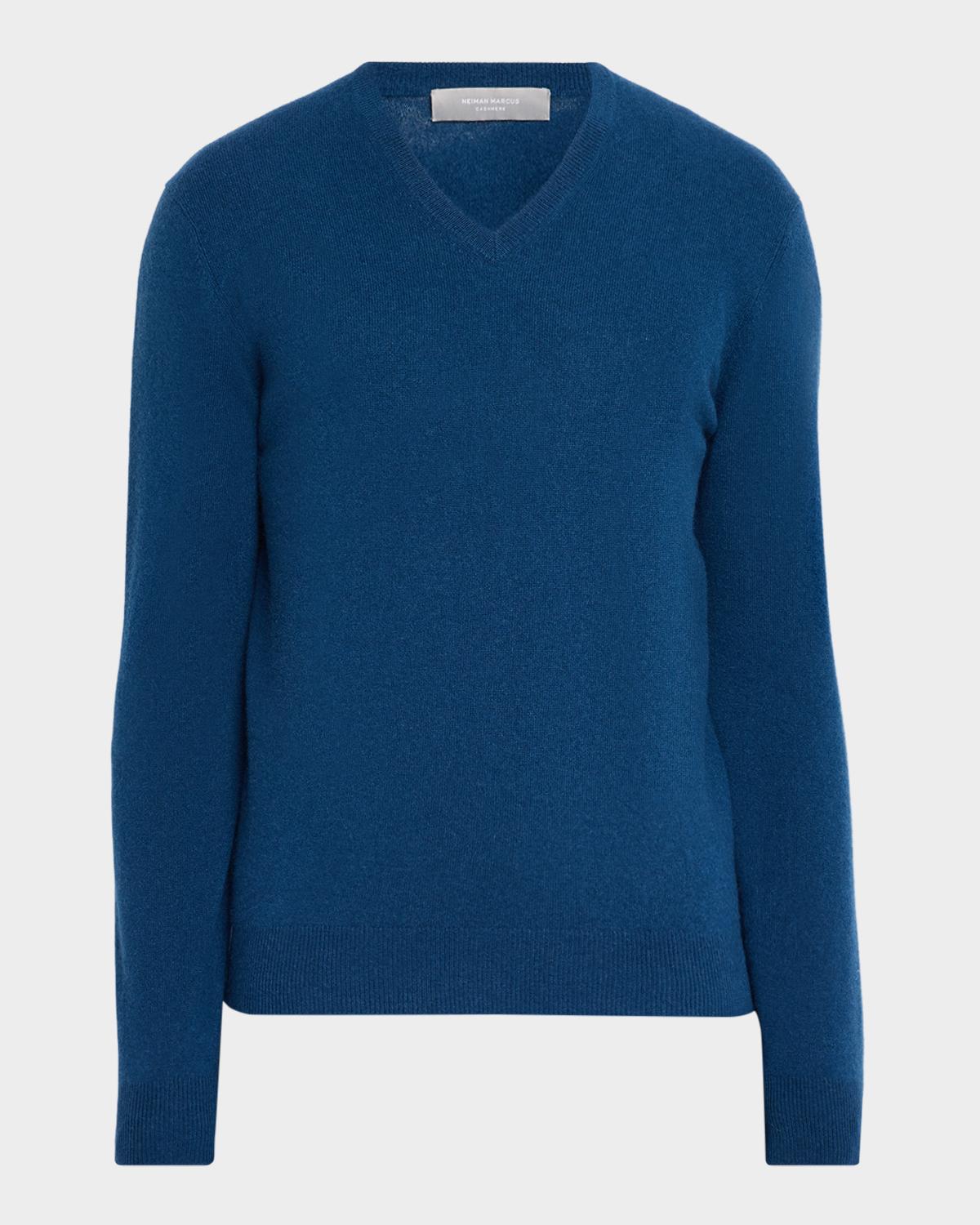 Neiman Marcus Men & Apos;s Cashmere V-neck Sweater In Denim