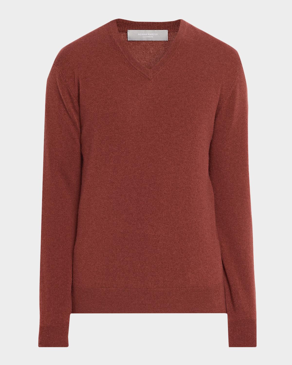Neiman Marcus Men & Apos;s Cashmere V-neck Sweater In Vintage Ru
