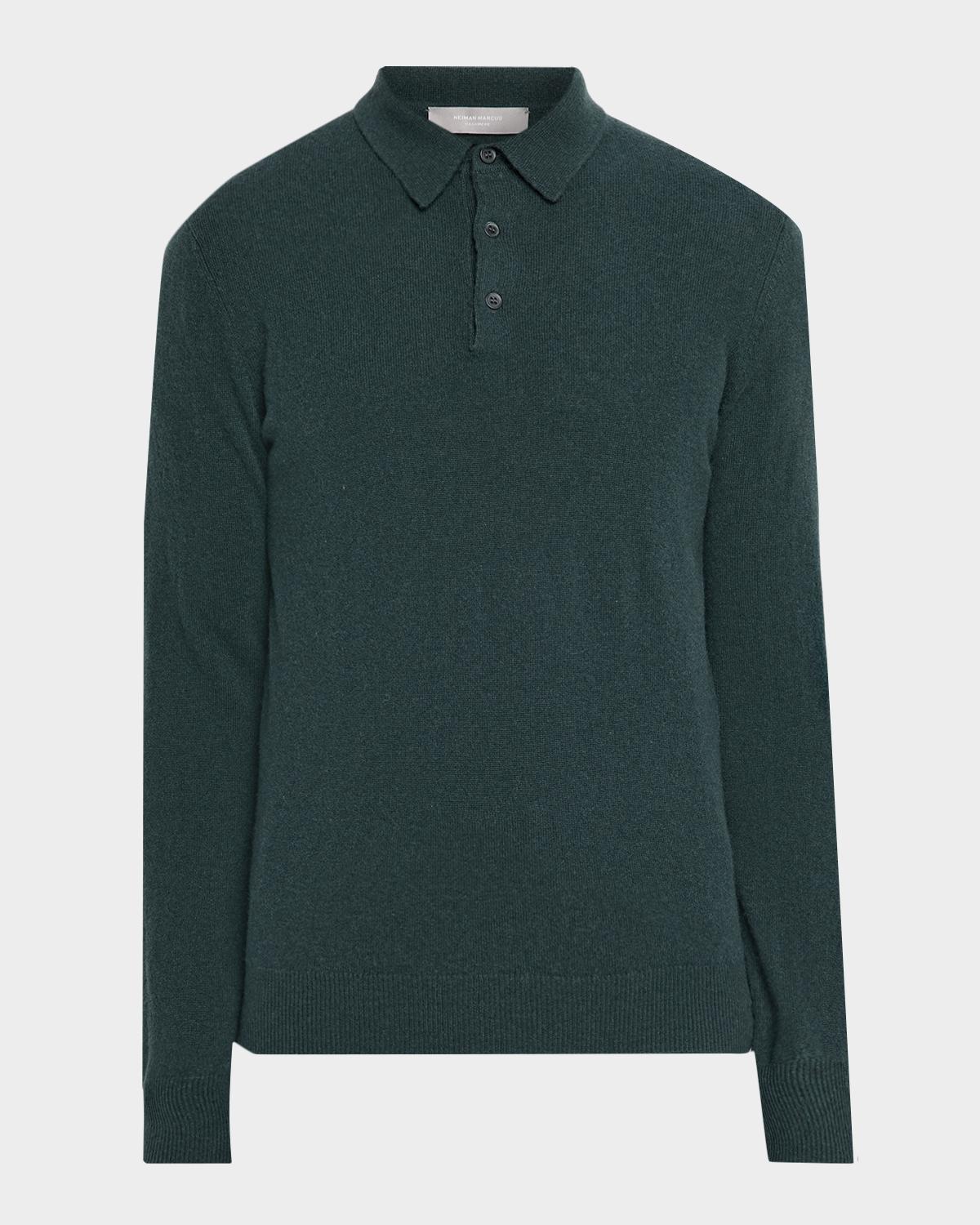 Neiman Marcus Men & Apos;s Cashmere Melange Polo Sweater In Black Fore