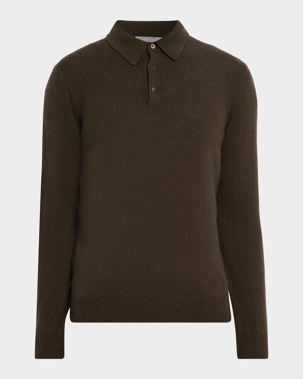 Neiman Marcus Men & Apos;s Cashmere Melange Polo Sweater In Chocolate
