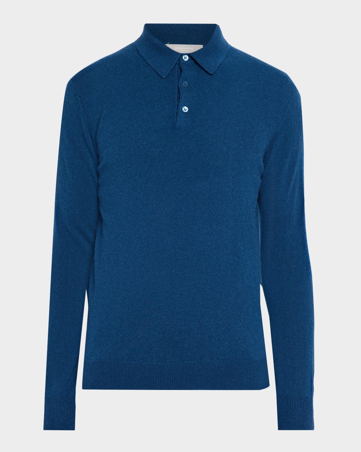 Neiman Marcus Men & Apos;s Cashmere Melange Polo Sweater In Denim