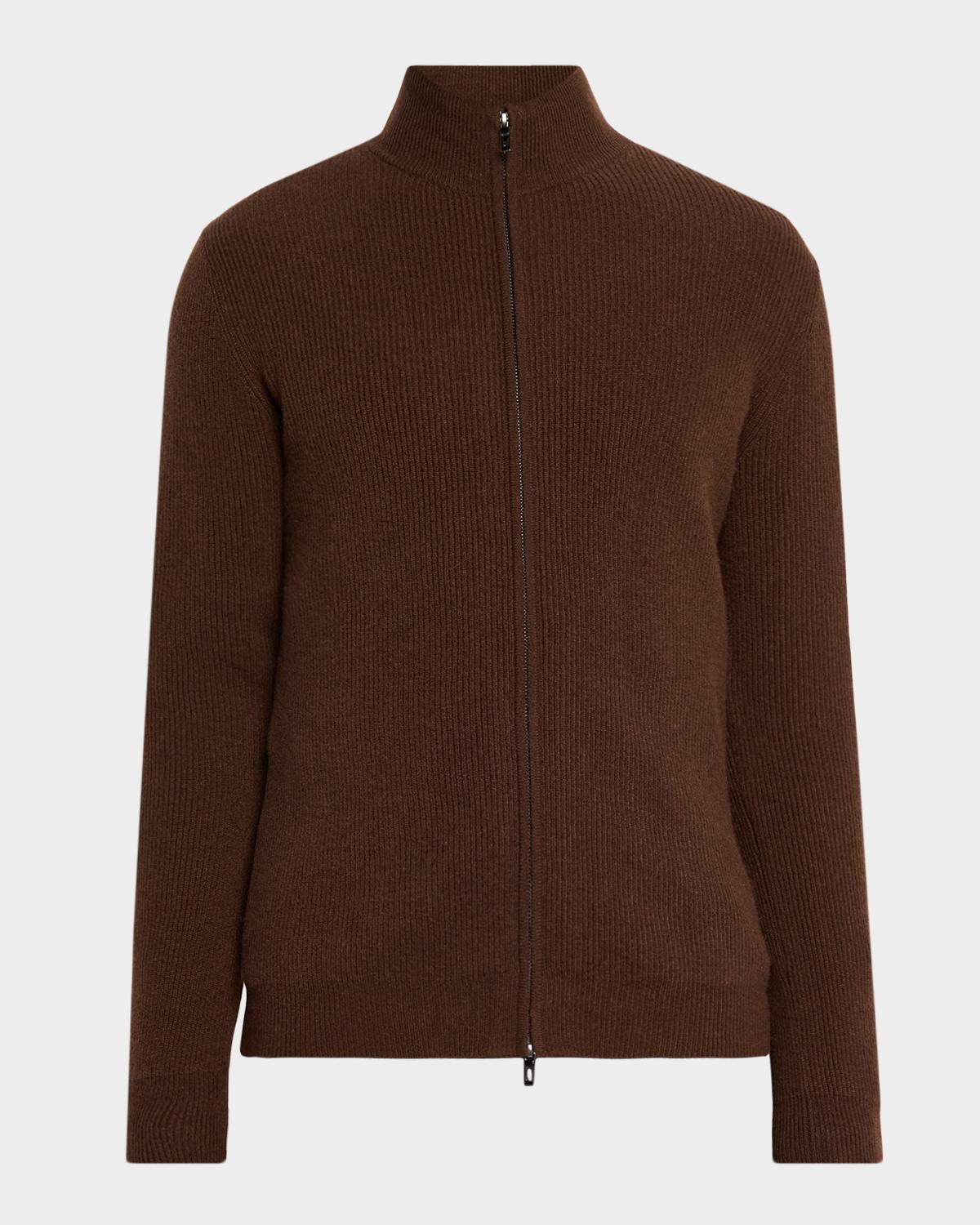 Neiman Marcus Men & Apos;s Cashmere Rib-knit Mock Neck Full-zip Sweater In Umber