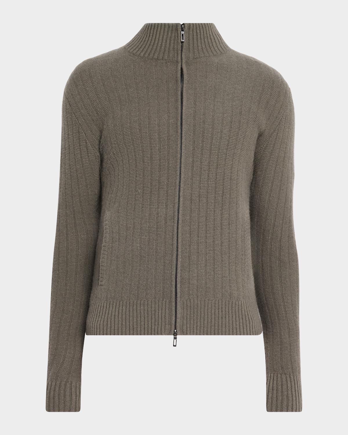 Neiman Marcus Men & Apos;s Cashmere Wide-rib Mock Neck Full-zip Sweater In Storm