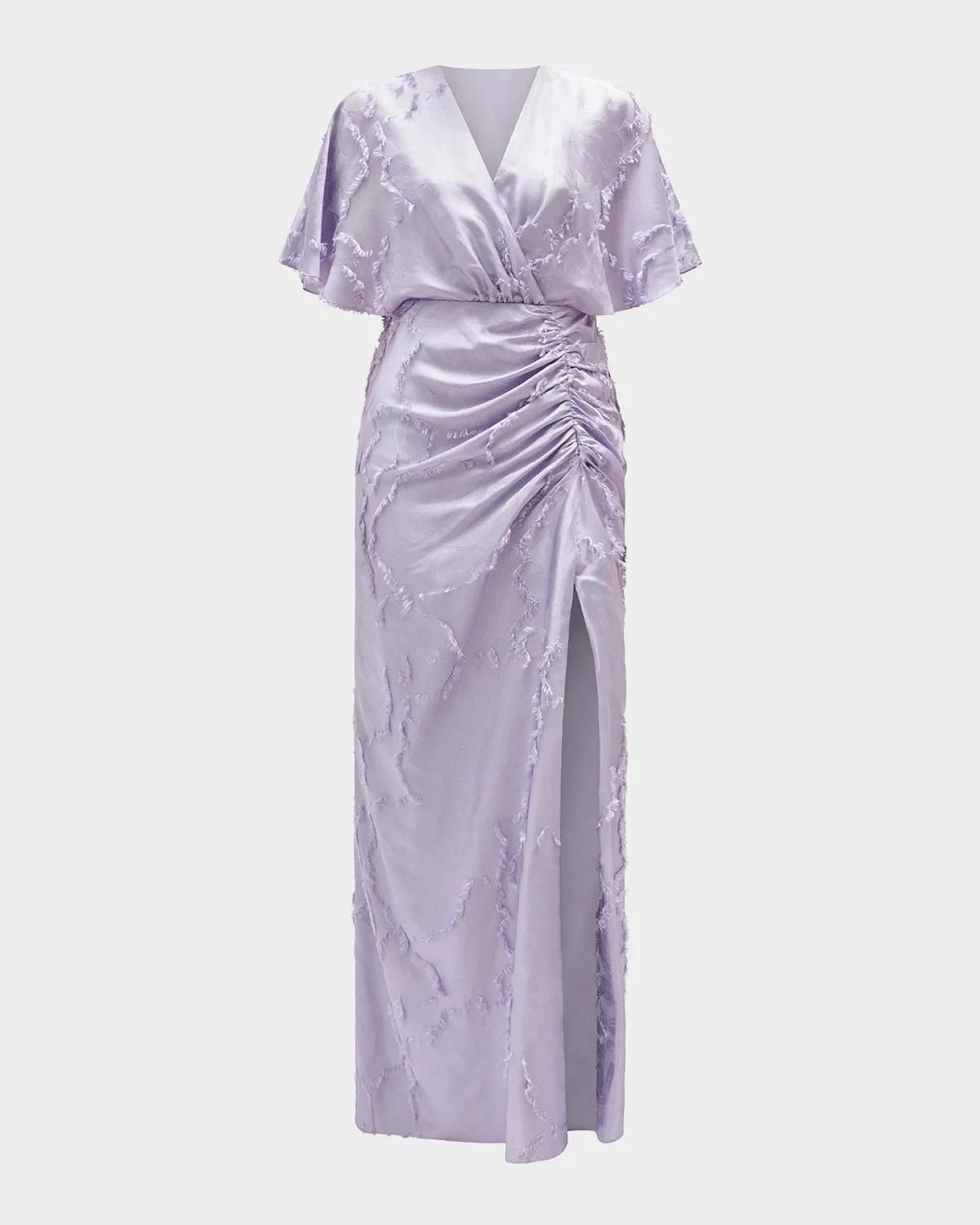 Amsale Textured Floral Jacquard Flutter-Sleeve Maxi Dress