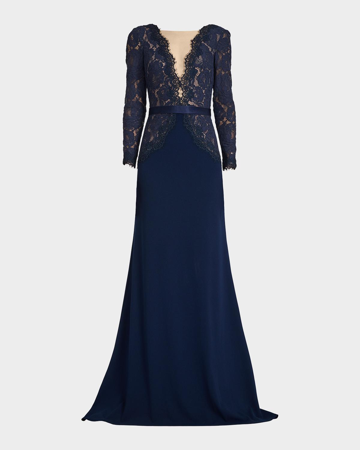 Tadashi Shoji Plunging Illusion Lace & Crepe Gown