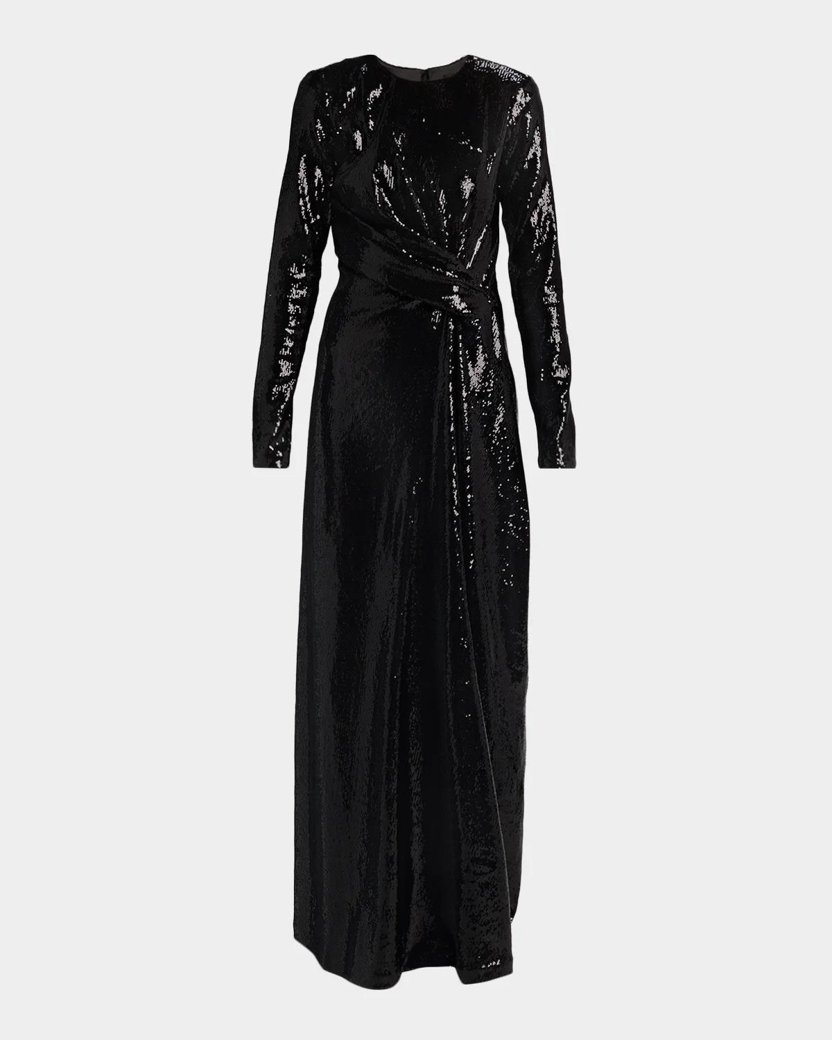 Kate Barton Kate Draped Sequin Column Gown In Black