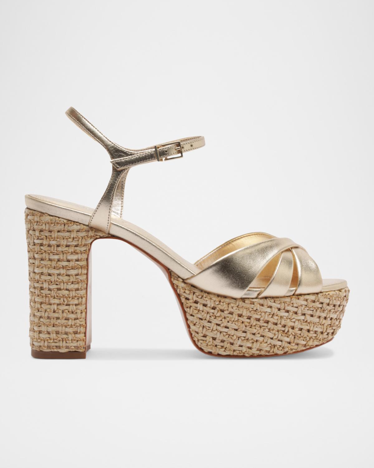 Schutz 105mm Keefa Raffia Metallic Leather Platform Sandals