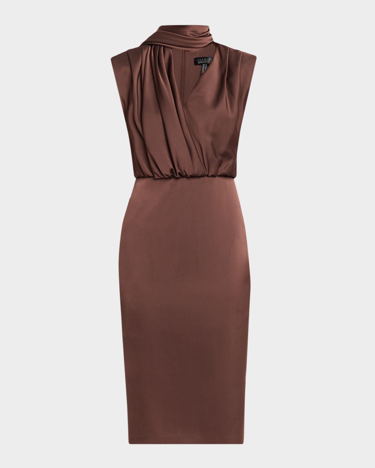 Aidan Mattox Draped Crepe Back Satin Midi Sheath Dress