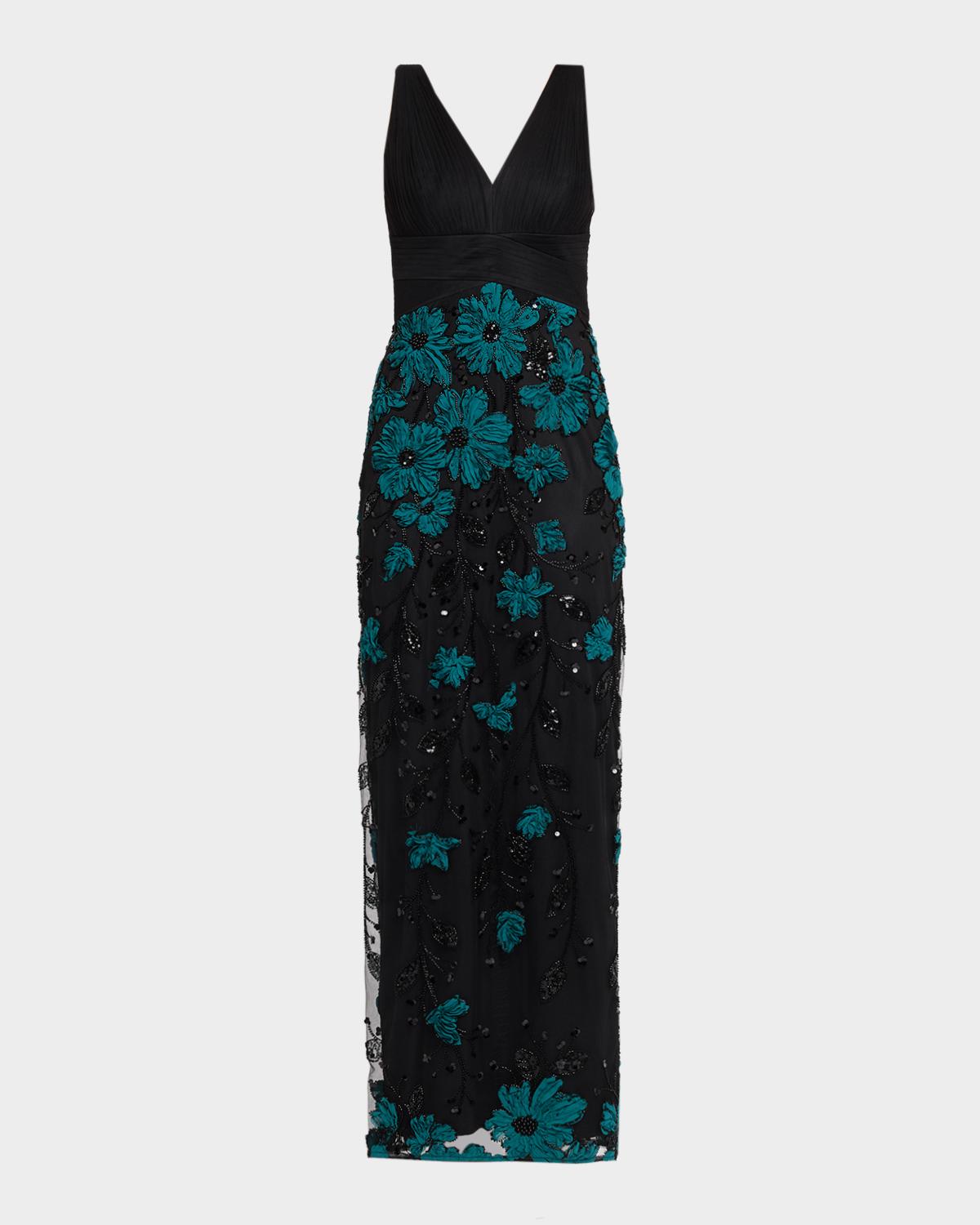 Aidan Mattox Beaded Floral-Embroidered Column Gown