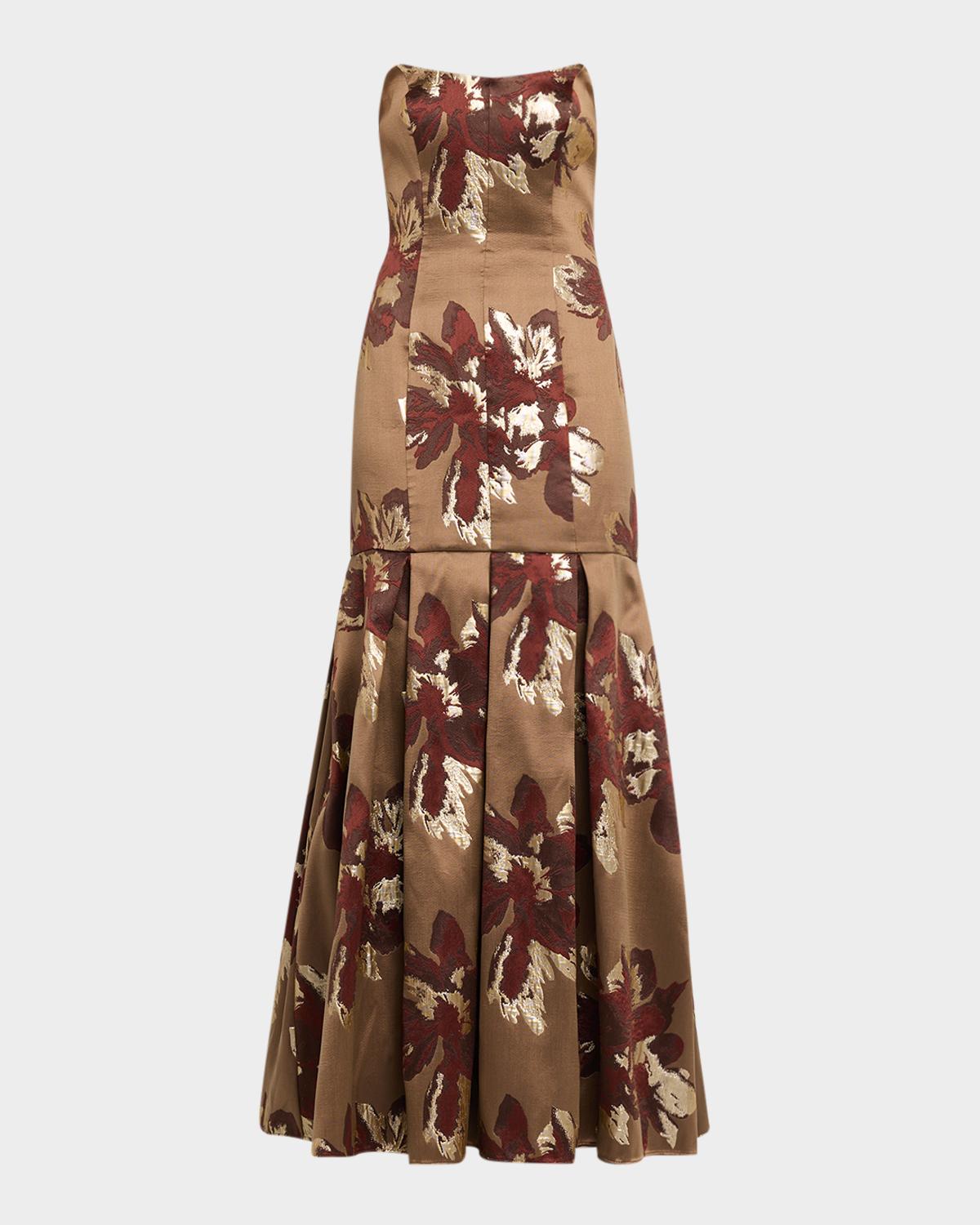 Aidan Mattox Pleated Metallic Floral Jacquard Mermaid Gown