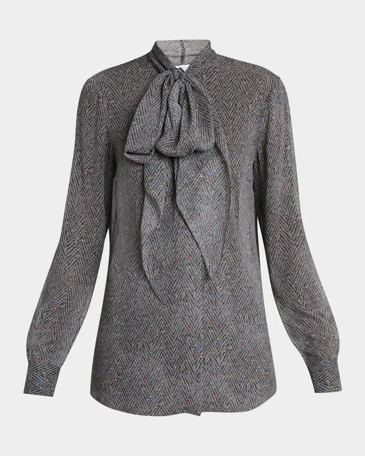 Gabriela Hearst Shildon Herringbone Silk Bow Button-Down Top