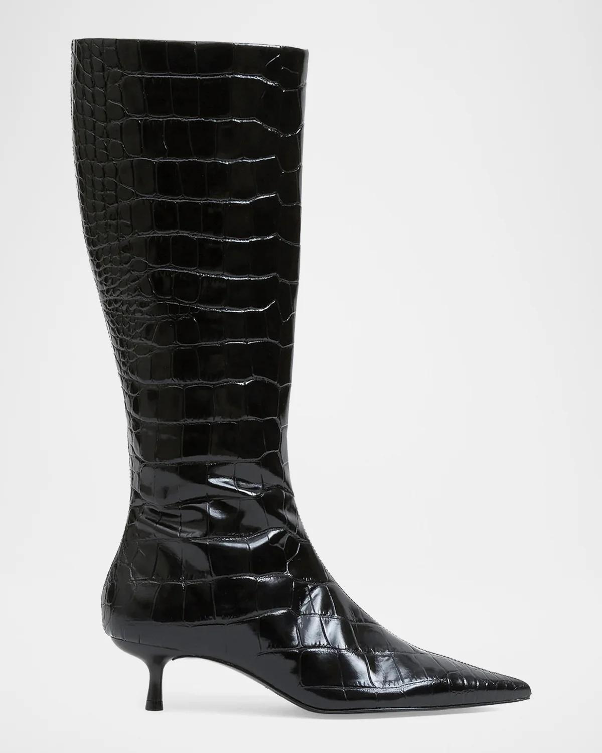 SIMKHAI Women's Janine Croc-Embossed Leather Knee High Boot in Black, Size 38