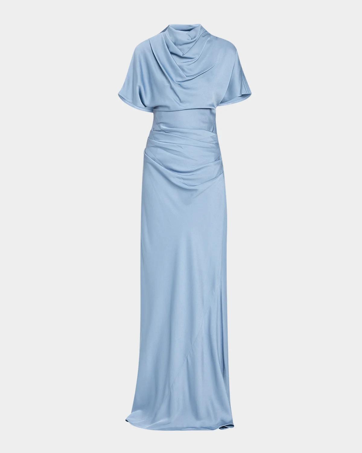 Simkhai Annibelis Draped Cape-sleeve Satin Gown In Dusty Blue