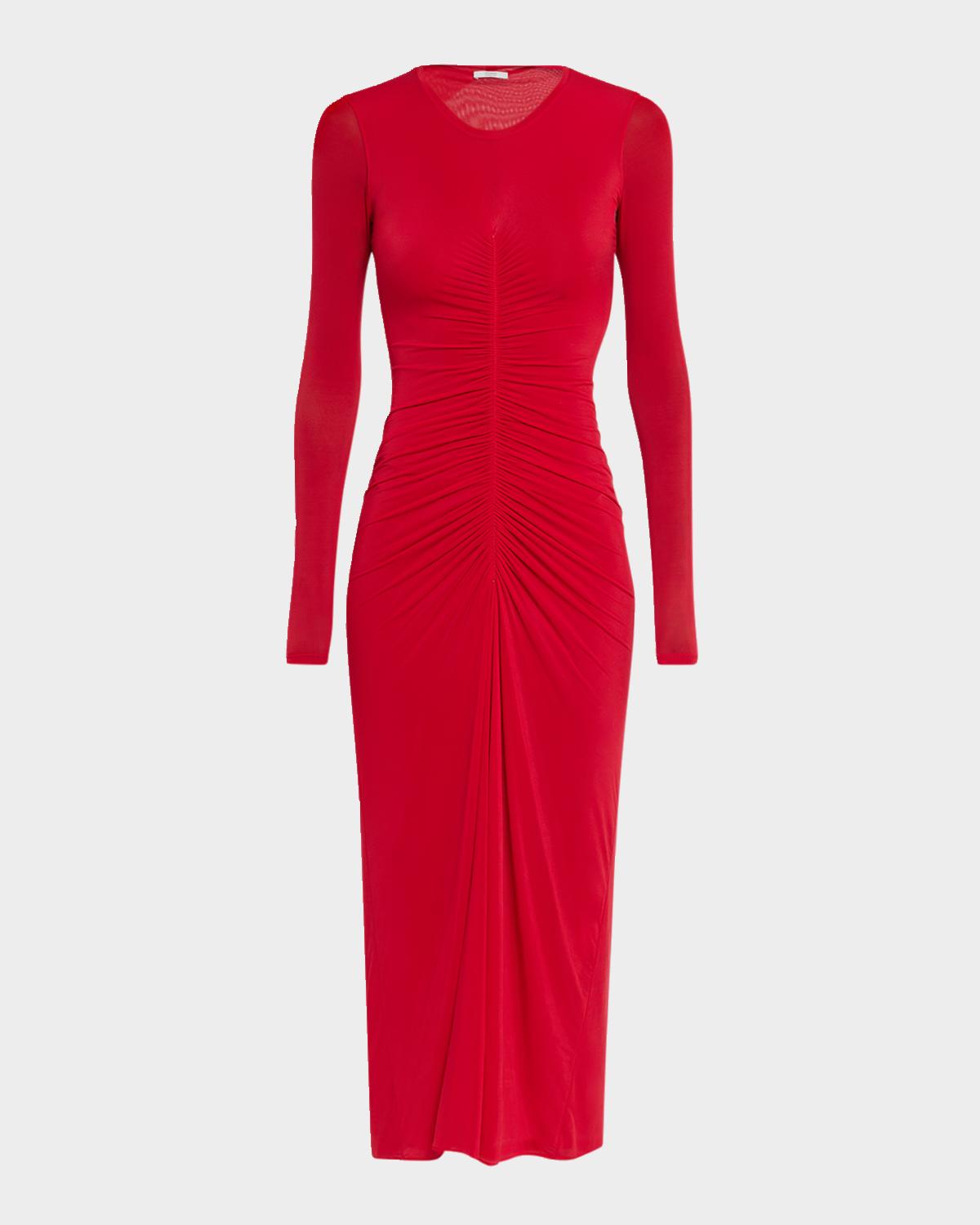 Fforme Selena Ruched Long-sleeve Midi Dress In Cherry