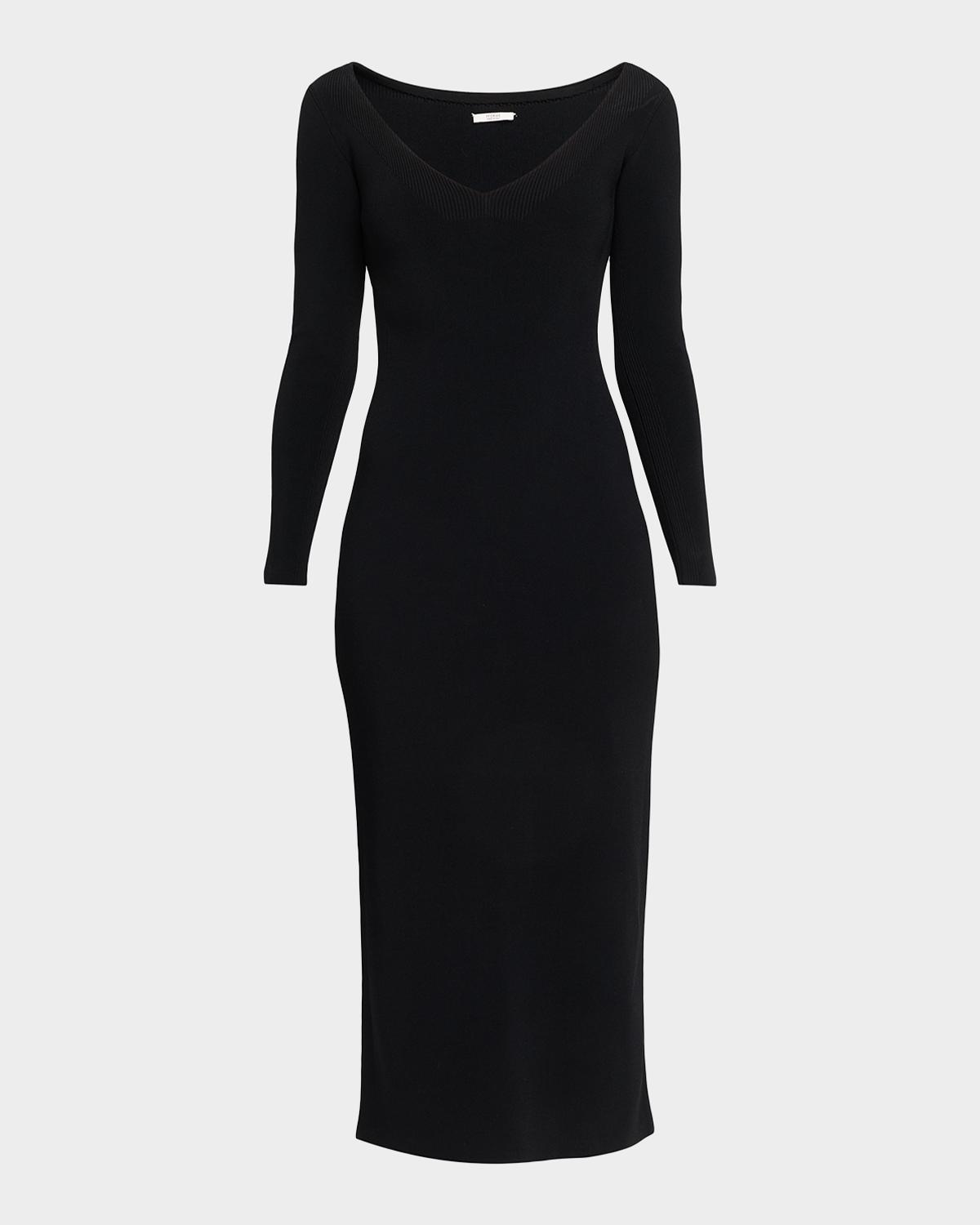 Fforme Lottie Wide V-neck Ribbed Long-sleeve Midi Dress In Black