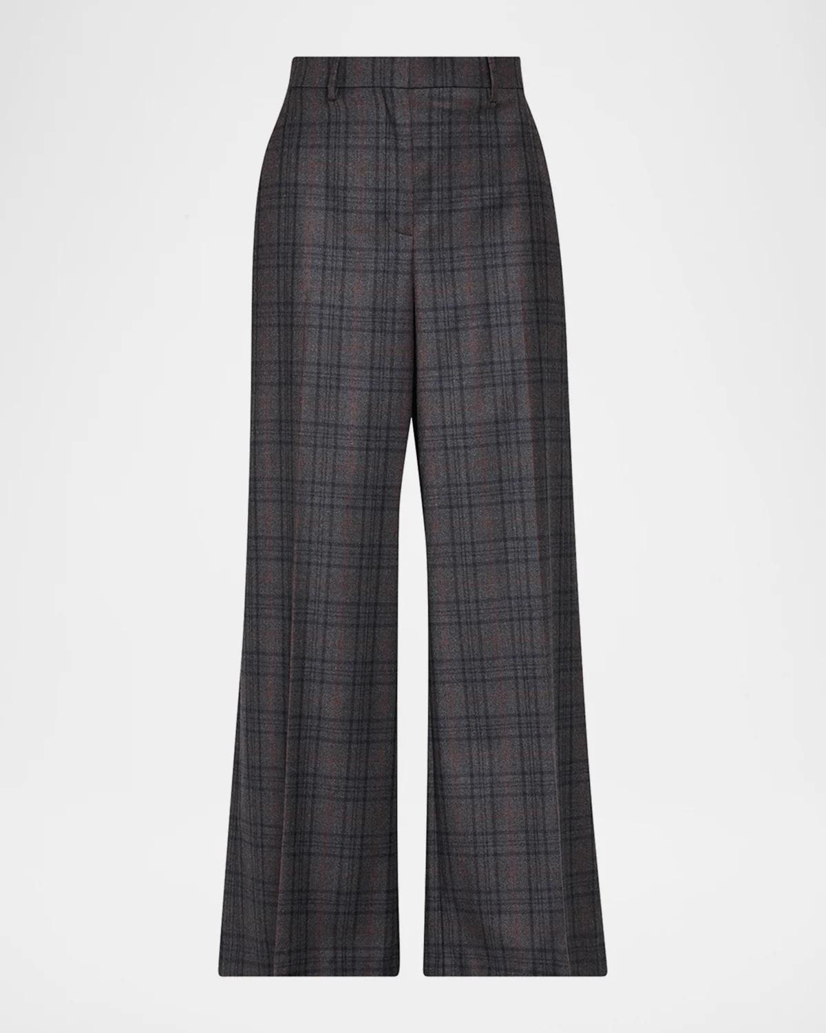 High-Rise Plaid Wool Wide-Leg Trousers
