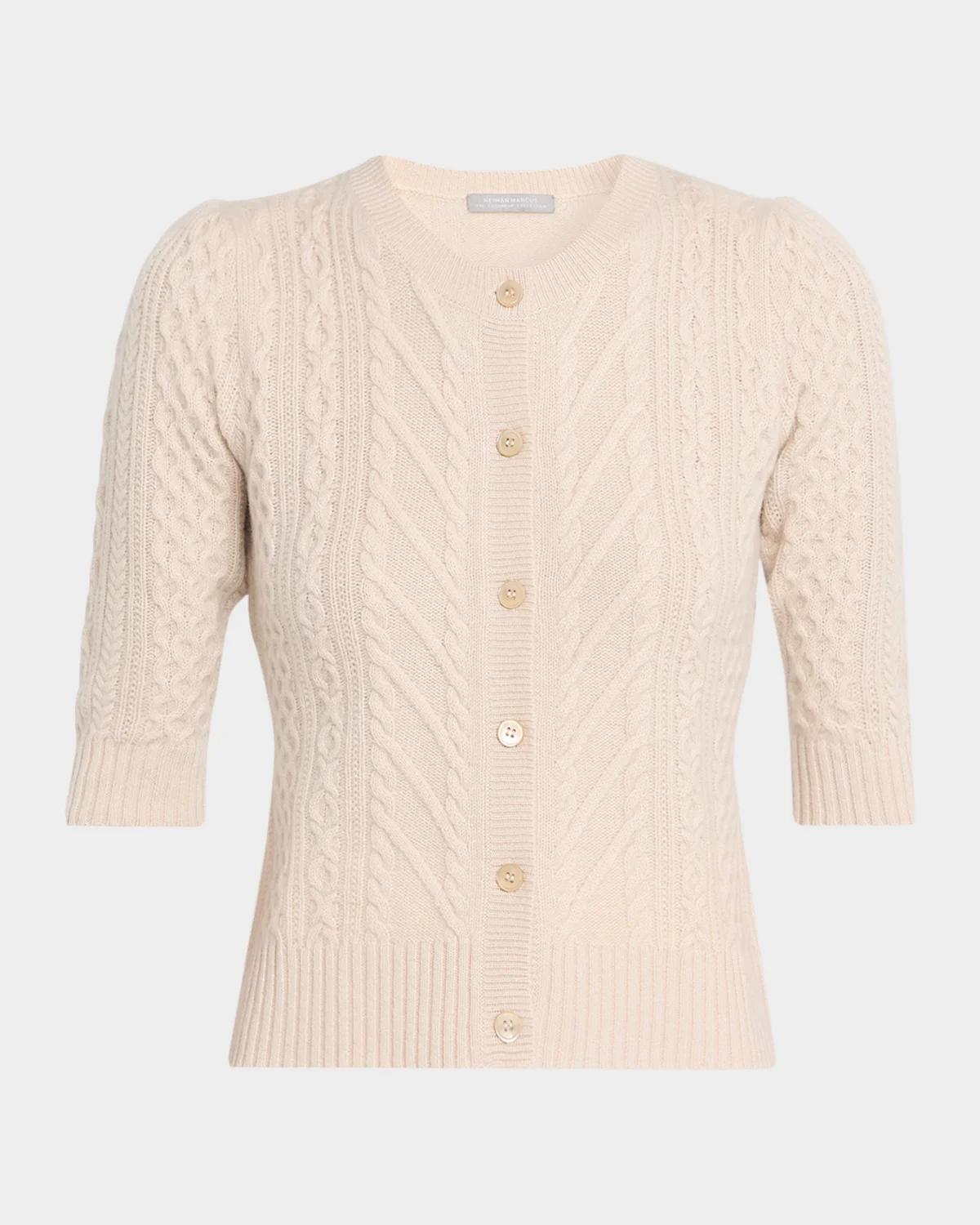 Neiman Marcus Cashmere Crewneck Cable-Knit Cardigan