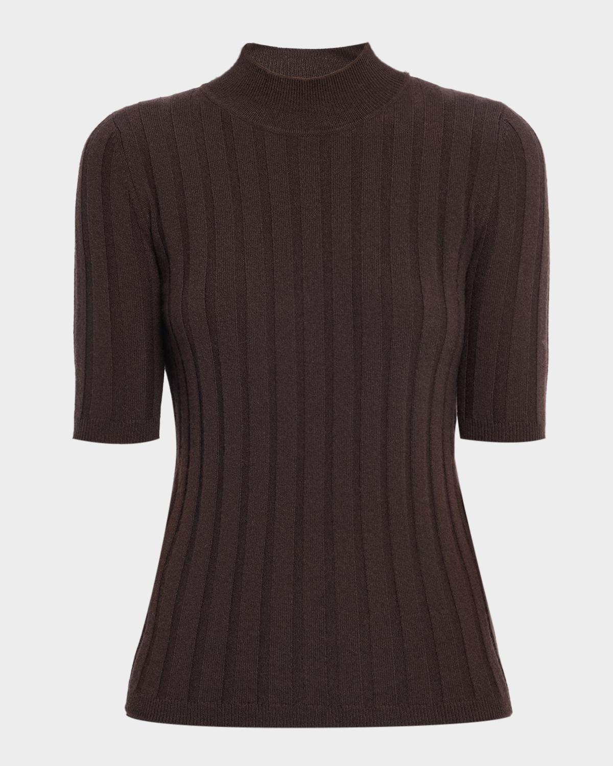 Neiman Marcus Ribbed Cashmere Elbow-Sleeve Sweater