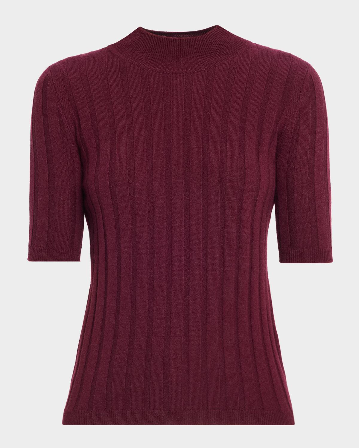 Neiman Marcus Ribbed Cashmere Elbow-Sleeve Sweater