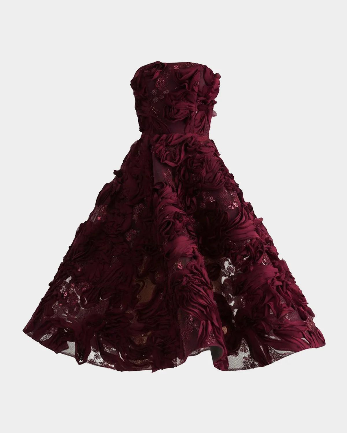 Helsi Florence Strapless Beaded Floral Mesh Gown In Merlot