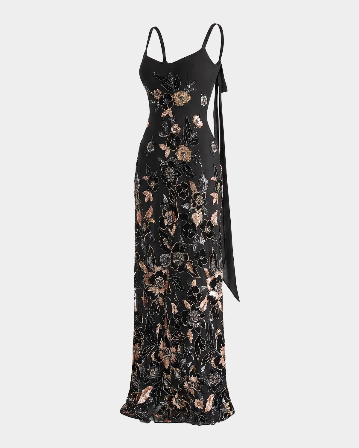 Helsi Dana Floral Beaded Column Gown In Blackgold