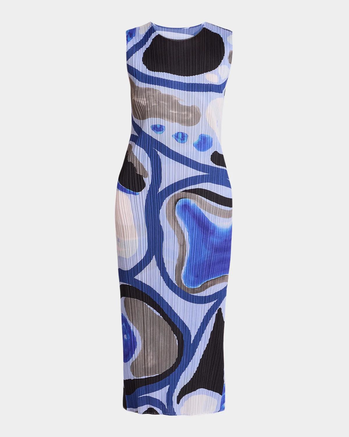 Issey Miyake Roll Printed Plisse Sleeveless Midi Dress