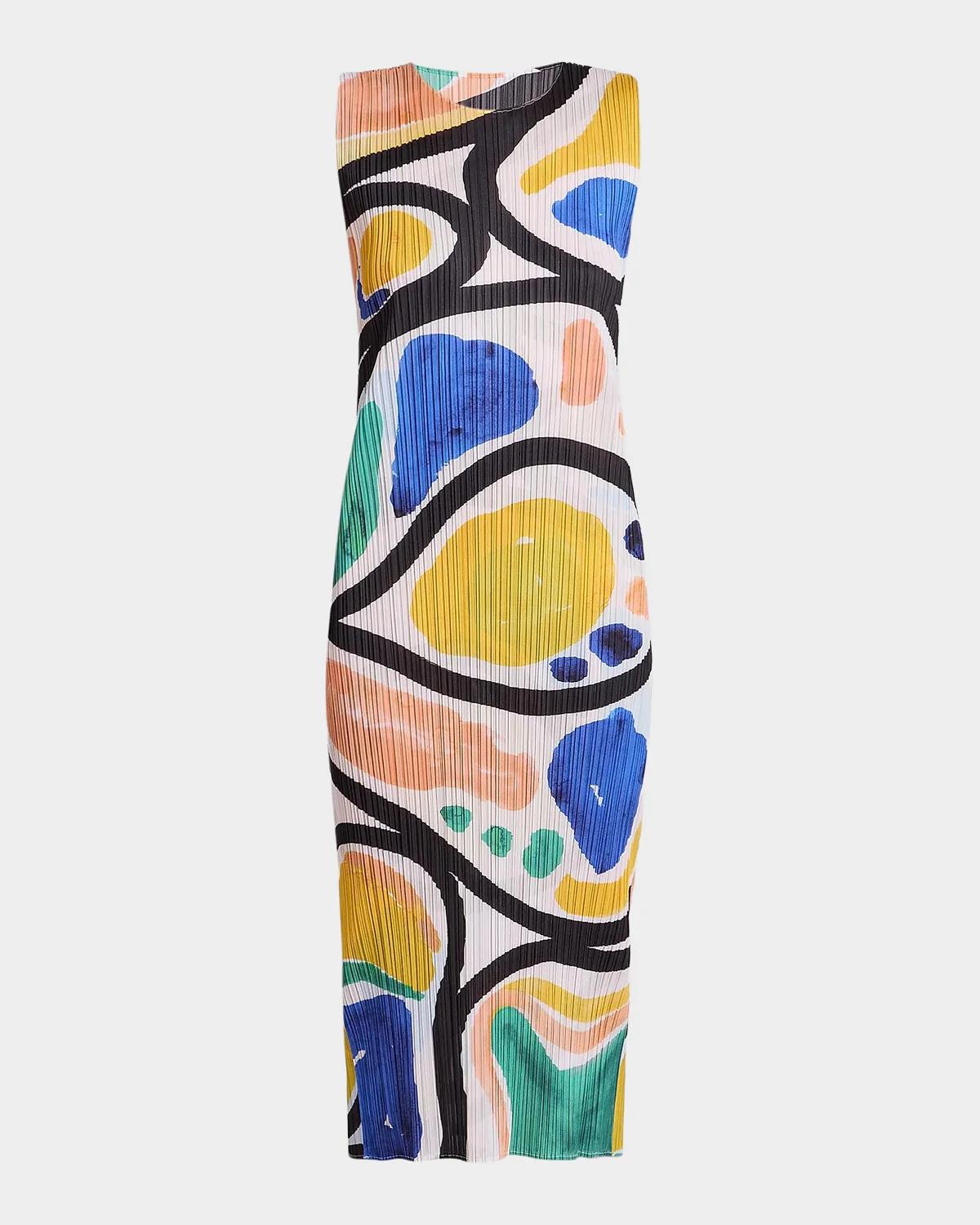 Issey Miyake Roll Printed Plisse Sleeveless Midi Dress