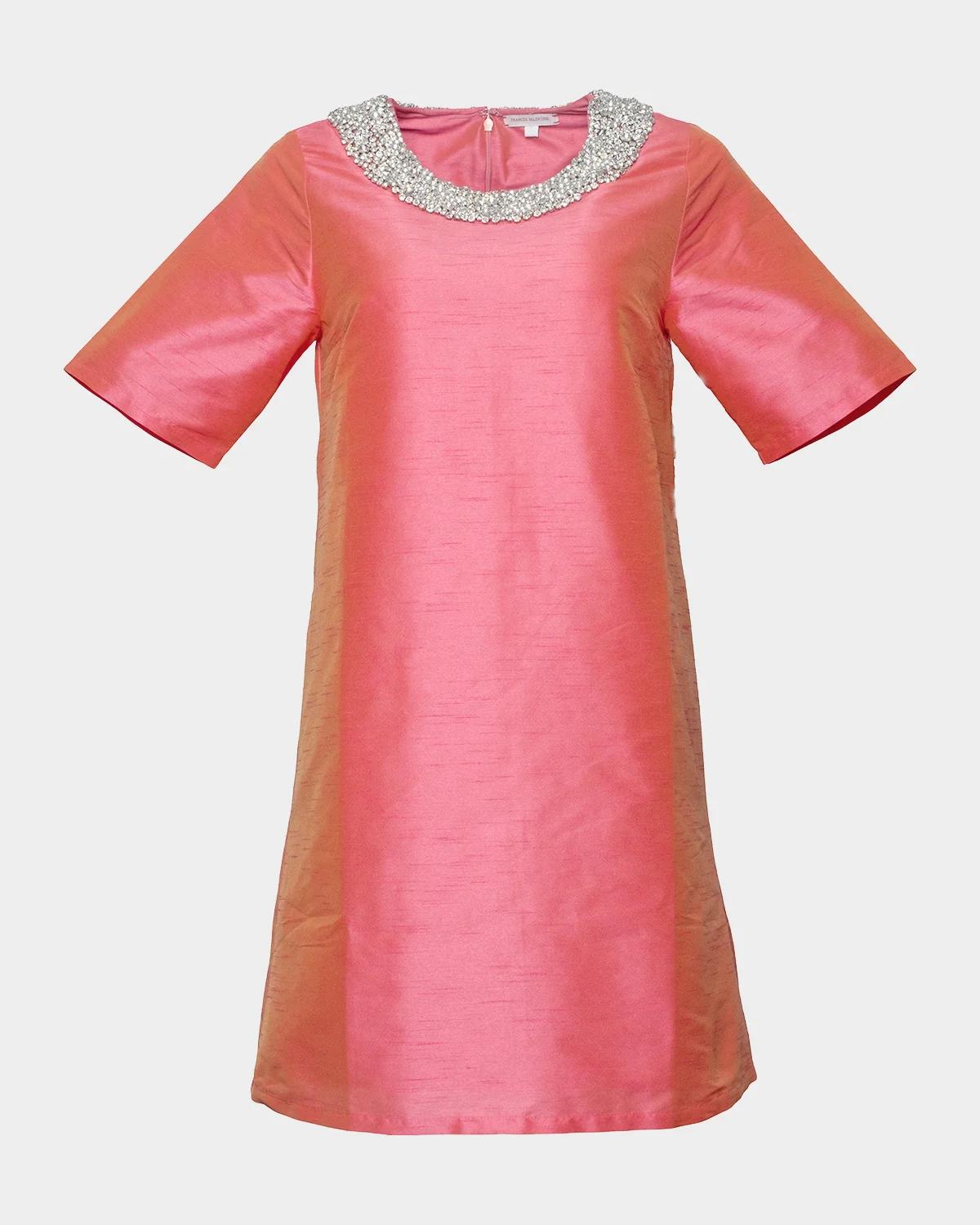 Frances Valentine Tabby Rhinestone-Trim Satin Mini Shift Dress