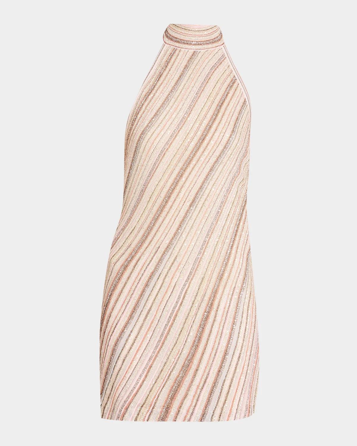 Missoni Sleeveless Metallic Diagonal Striped Mini Halter Dress