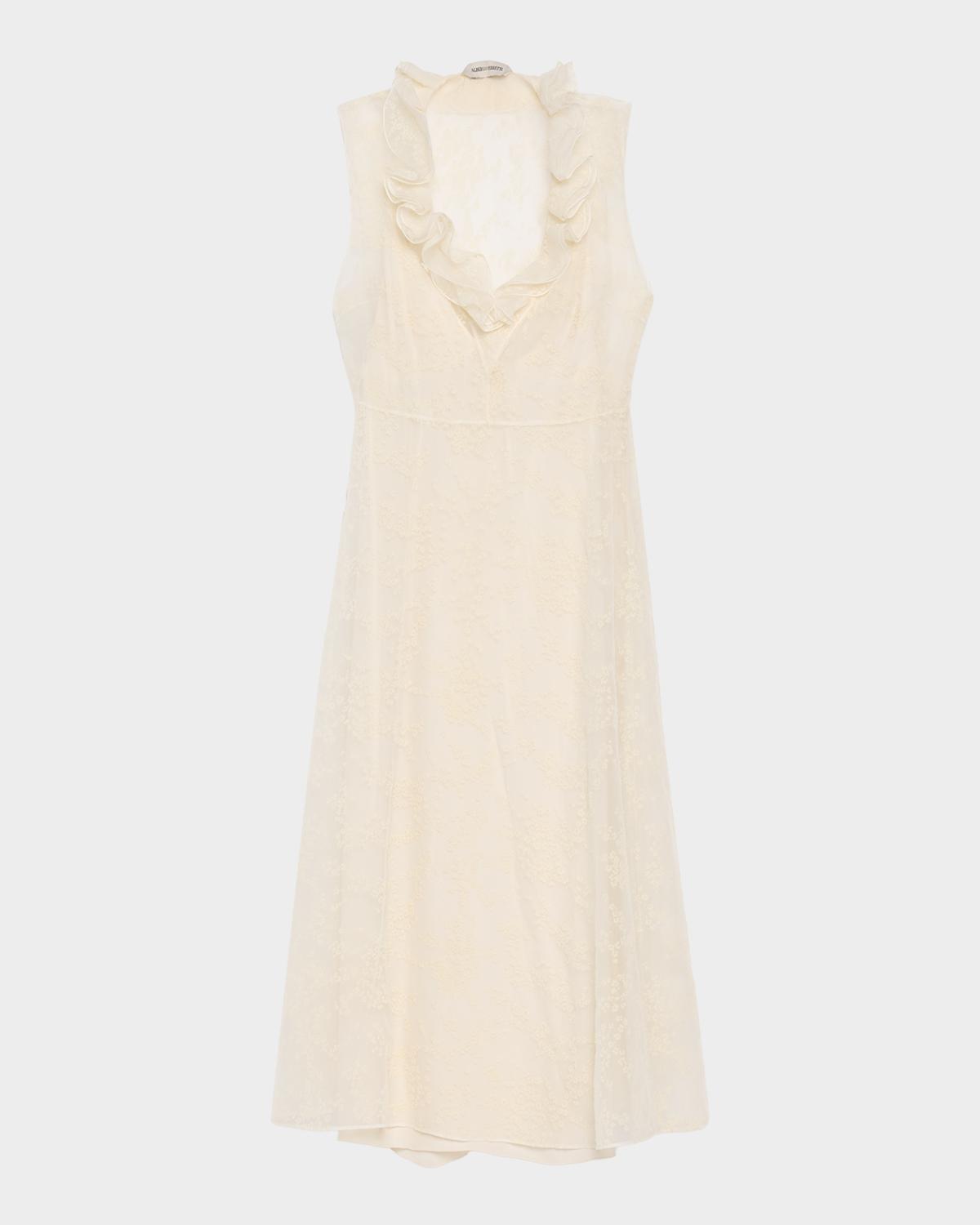 Alberta Ferretti Sleeveless Ruffle V-Neck Floral Silk Tulle Midi Dress